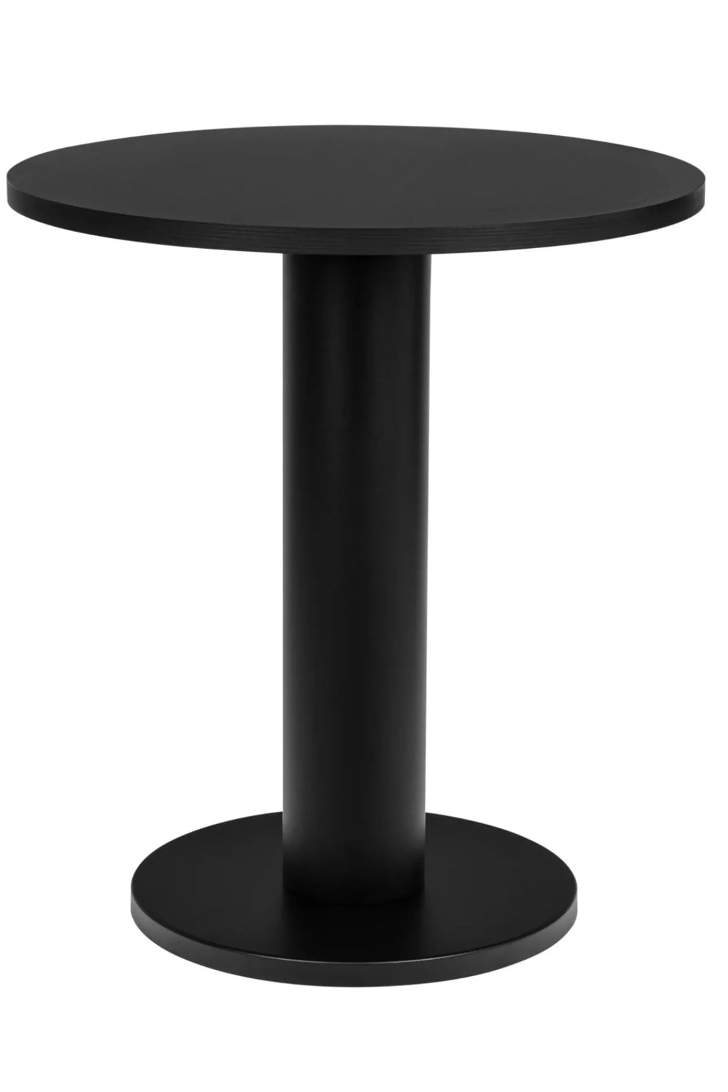 noo.ma Sool Café Table, a sleek modern minimalist round dining table crafted from matte black finished wood, featuring a smooth circular tabletop with a subtle wood grain edge and a sturdy cylindrical pedestal base. This contemporary black bistro table is perfect for small kitchens, apartment dining rooms, or stylish cafe interiors.