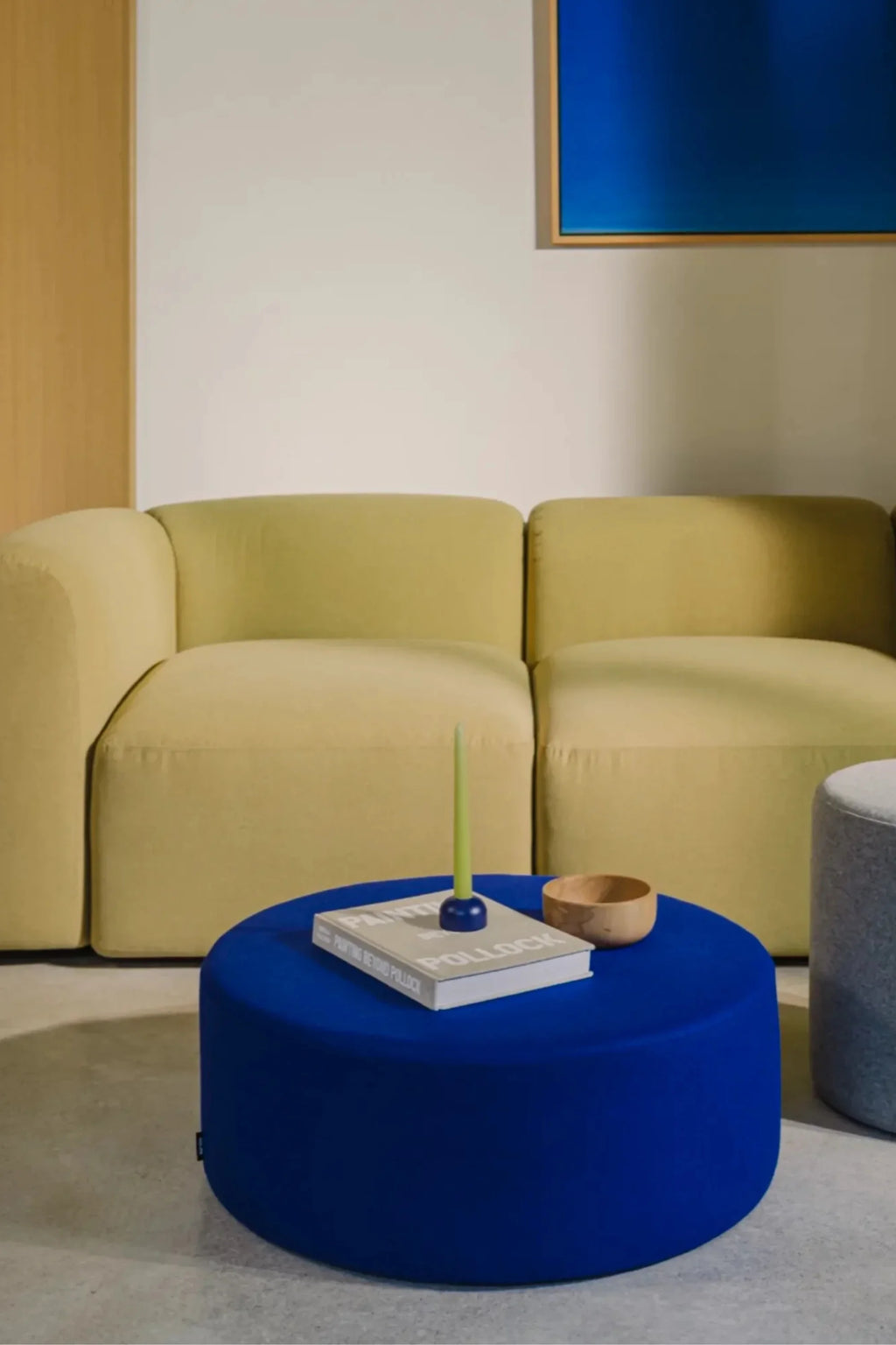 noo.ma Flom 3-Seater Sofa, a contemporary 3-seater modular sofa upholstered in a soft yellow plush fabric, featuring a low profile, deep seating, and inviting rounded edges. Ideal for modern minimalist living rooms or Scandinavian-inspired spaces seeking organic shapes and comfortable design.