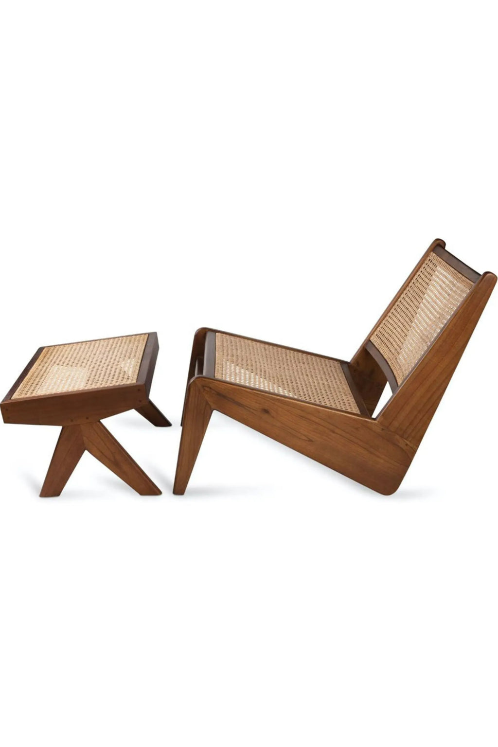 Detjer Chandigarh Kangaroo Footstool, a modern and elegant wooden footstool with a natural cane webbing seat. This durable piece complements mid-century modern interiors, perfect for adding comfort and style to a living room or lounge area.
