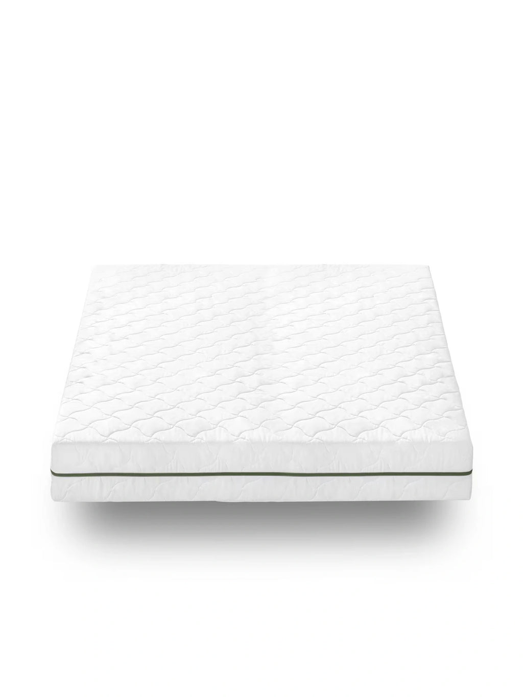 Mattress Comfort Mattress, a clean white quilted mattress featuring a soft, wavy top surface texture and a distinctive dark green accent stripe along its side. This modern minimalist mattress is designed for comfortable sleep, making it an ideal choice for any contemporary bedroom.