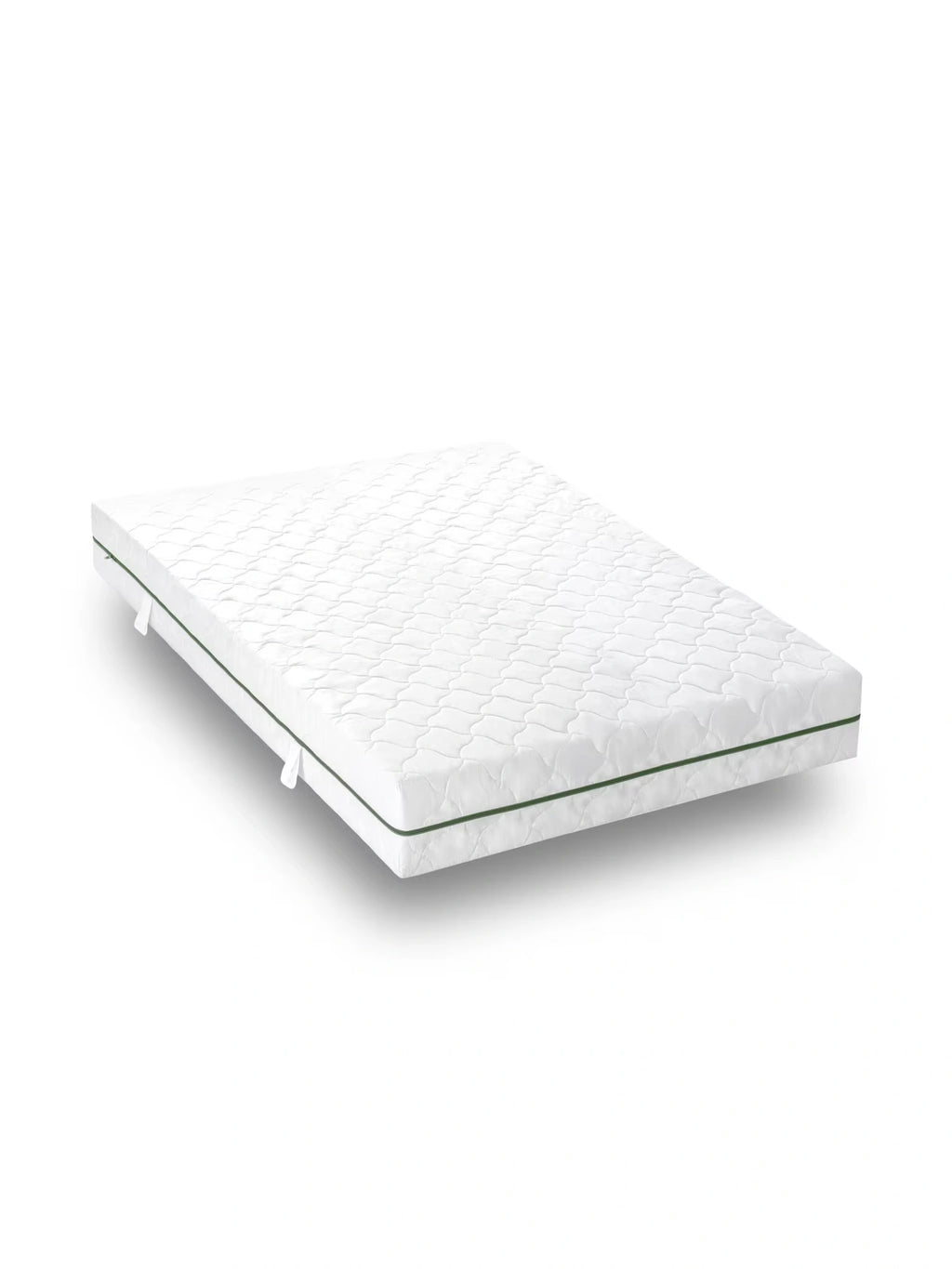 Mattress Comfort Mattress, a clean white quilted mattress featuring a soft, breathable fabric cover with a distinctive dark green zippered accent trim along its perimeter. This modern rectangular mattress offers comfortable support for a restful night's sleep. Ideal for any contemporary bedroom, guest room, or for upgrading your sleep experience with a durable mattress.