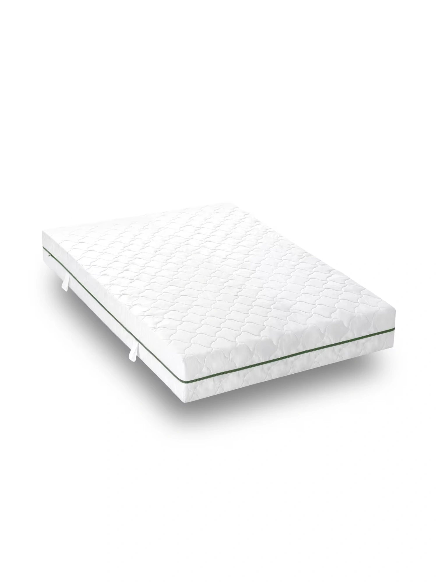 Mattress Comfort Mattress, a clean white quilted mattress featuring a soft, breathable fabric cover with a distinctive dark green zippered accent trim along its perimeter. This modern rectangular mattress offers comfortable support for a restful night's sleep. Ideal for any contemporary bedroom, guest room, or for upgrading your sleep experience with a durable mattress.