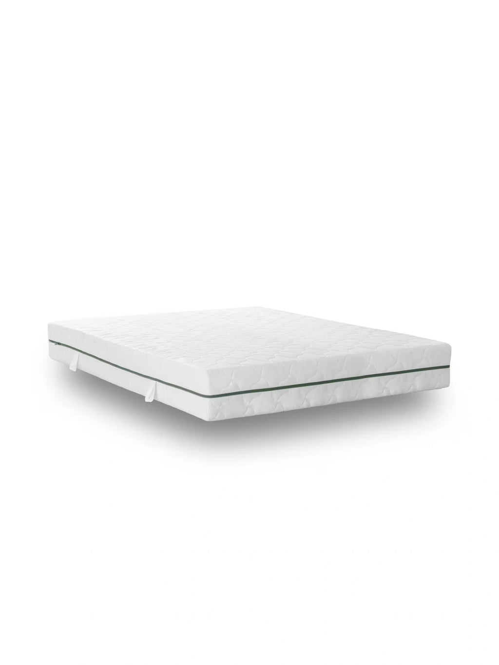 Mattress Comfort Mattress, a clean white quilted mattress featuring a durable, breathable fabric cover with a distinctive dark green piping detail and convenient side handles for easy adjustment. This modern foam mattress offers exceptional sleep comfort for any bedroom, ideal for those seeking a stylish yet practical bedding solution.
