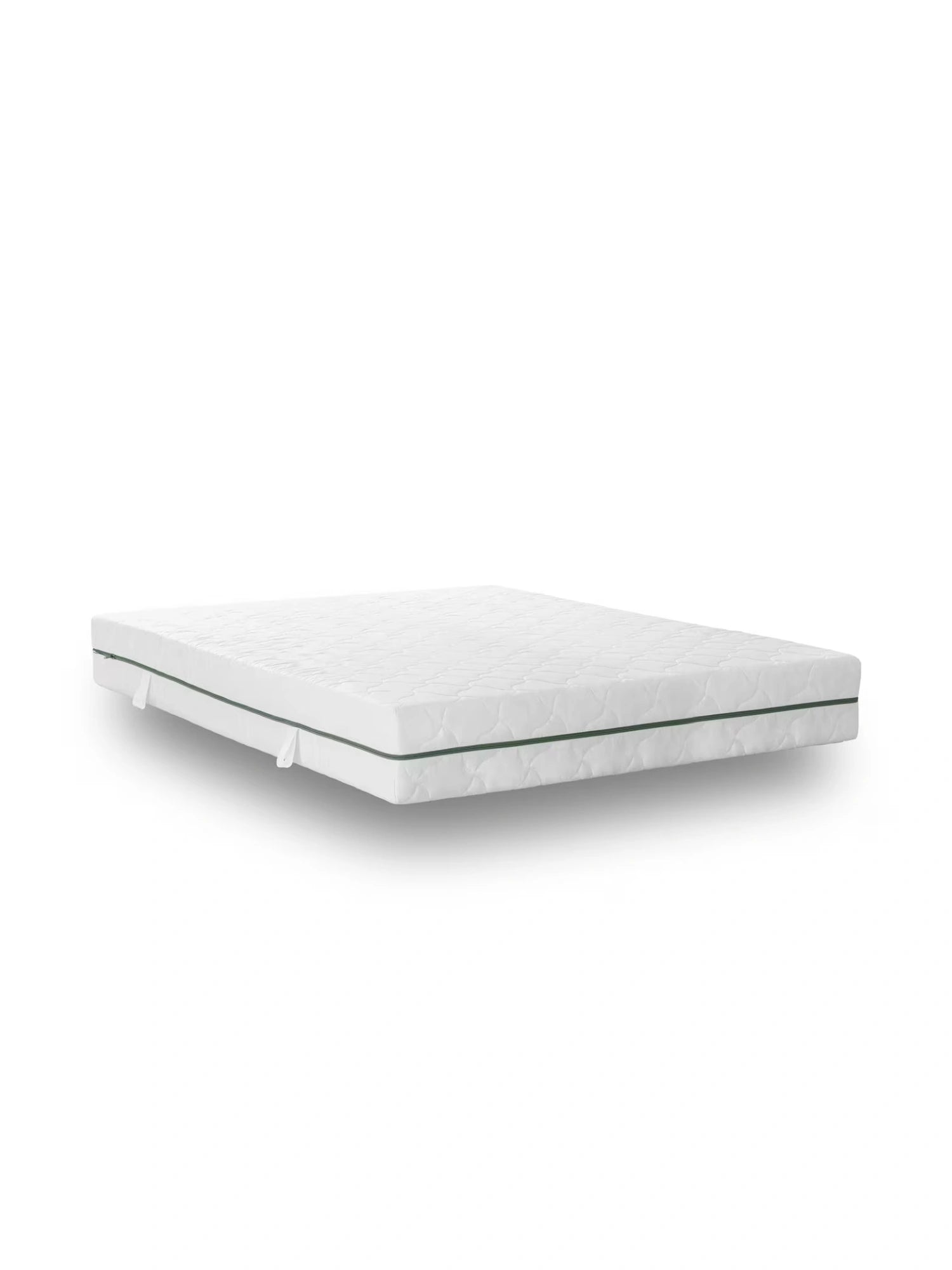 Mattress Comfort Mattress, a clean white quilted mattress featuring a durable, breathable fabric cover with a distinctive dark green piping detail and convenient side handles for easy adjustment. This modern foam mattress offers exceptional sleep comfort for any bedroom, ideal for those seeking a stylish yet practical bedding solution.