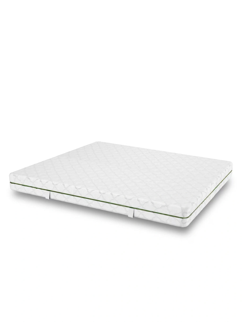 Mattress Comfort Mattress, a white quilted mattress featuring a subtle geometric pattern on its soft fabric cover and a distinctive green piping trim along the edges. This comfortable mattress is designed for restful deep sleep, making it an ideal choice for any modern bedroom setting.