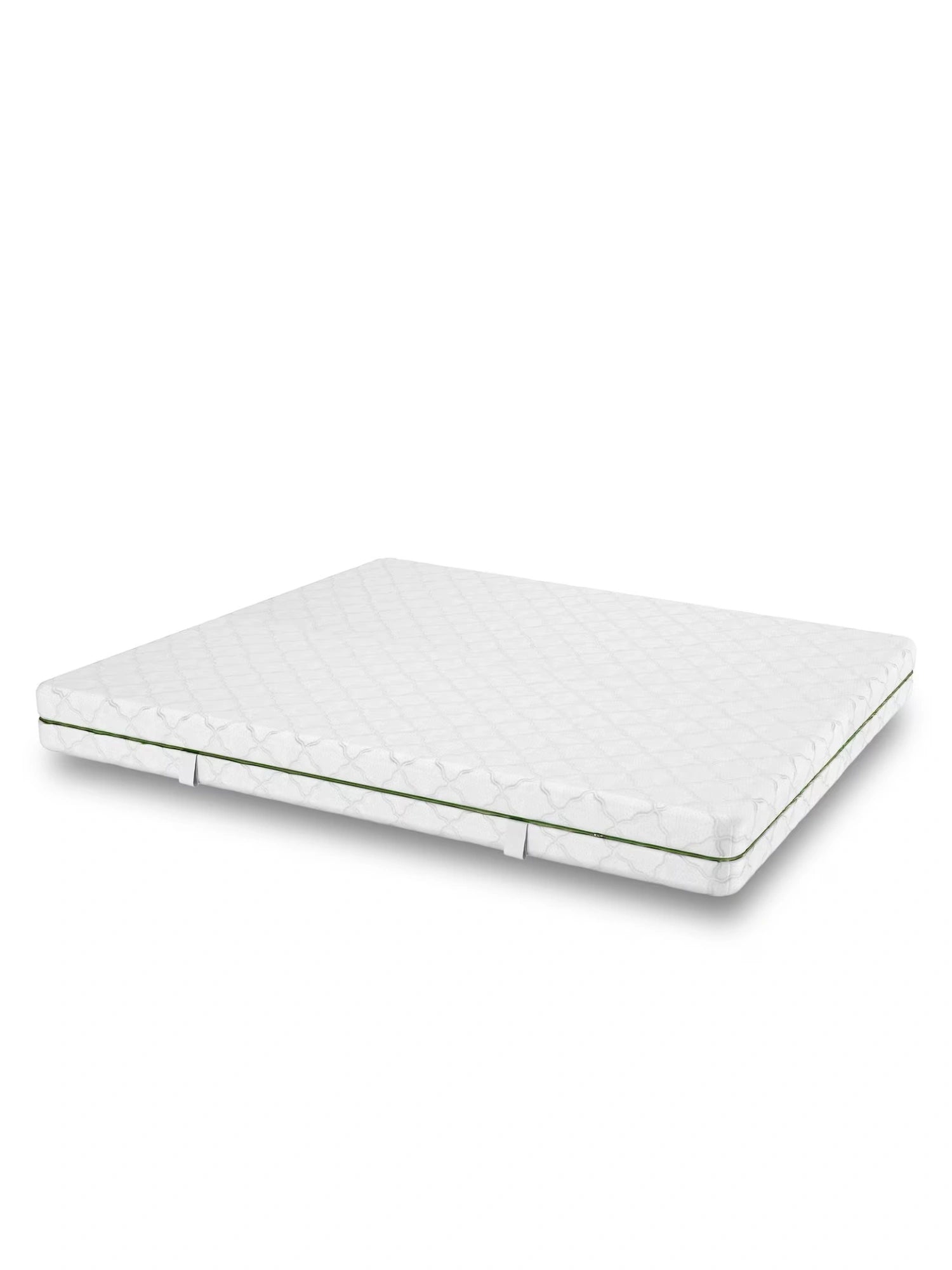 Mattress Comfort Mattress, a white quilted mattress featuring a subtle geometric pattern on its soft fabric cover and a distinctive green piping trim along the edges. This comfortable mattress is designed for restful deep sleep, making it an ideal choice for any modern bedroom setting.