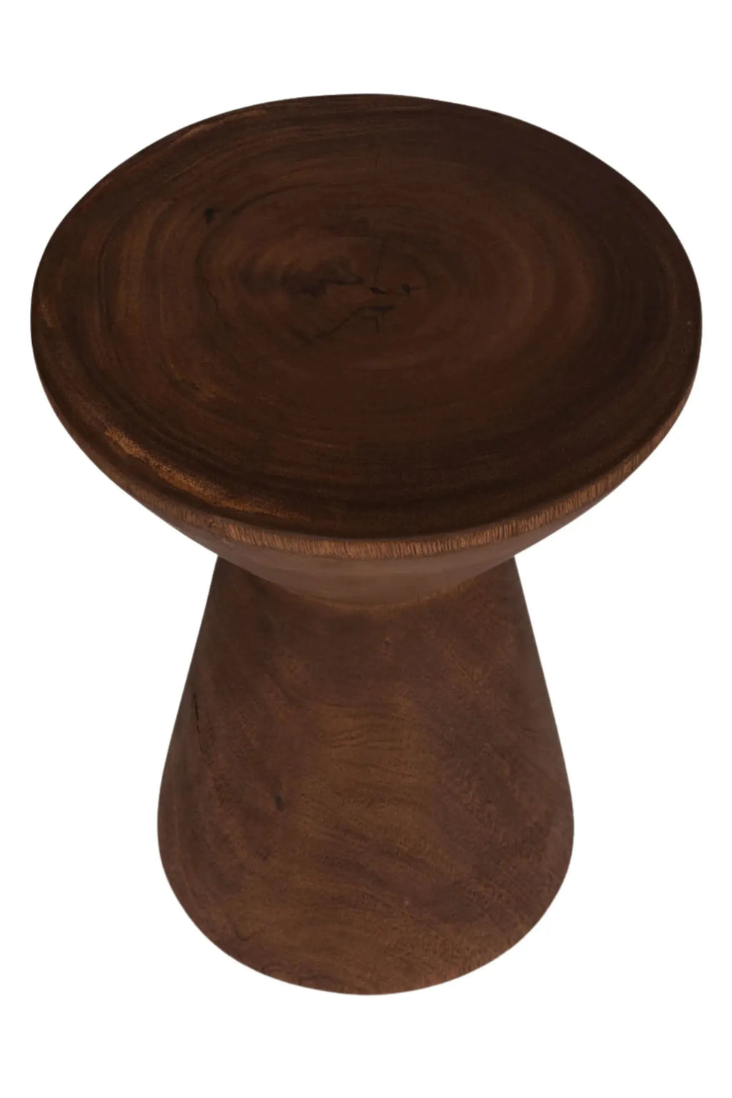Detjer Stool S.A.S. 006, a sculptural organic modern solid wood stool featuring a rich dark brown finish with natural wood grain and a distinctive concave, bowl-like top. This minimalist pedestal stool has a smooth, hand-carved appearance and a sturdy conical base. Ideal as a contemporary accent stool for living rooms, a unique bedside table, or a stylish plant stand in modern interiors.