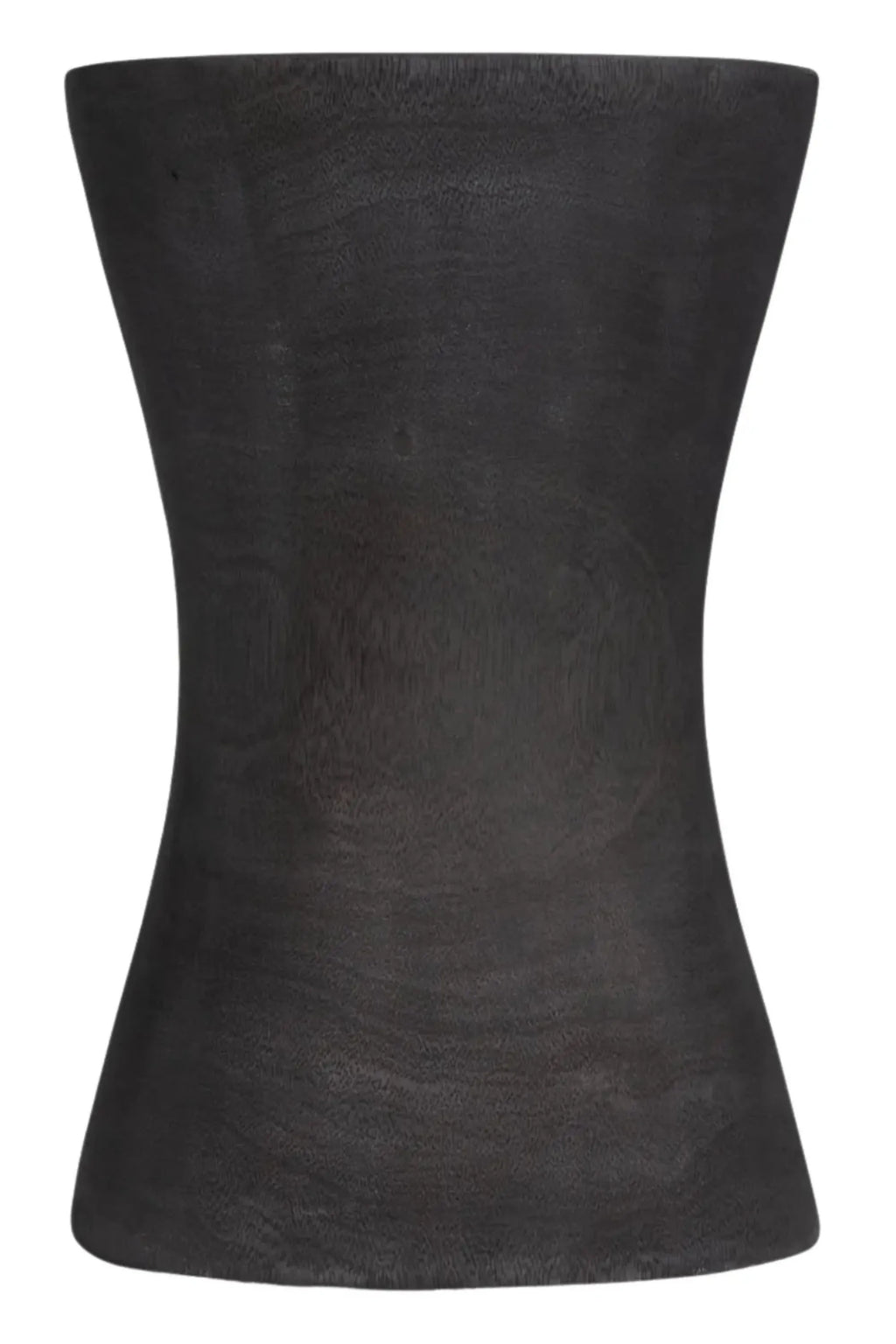 Detjer Stool S.A.S. 002, a striking dark charcoal solid wood stool featuring an organic hourglass silhouette and a textured, matte finish that highlights the natural wood grain. This versatile black accent table offers a contemporary minimalist aesthetic, perfect for brutalist or organic modern living rooms, as a stylish bedside table, or a unique plant stand.