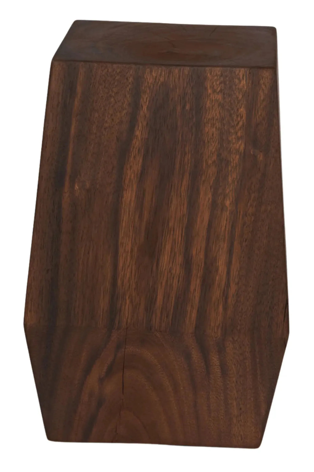 Detjer Stool S.A.S. 005, a dark brown solid wood stool crafted from rich walnut with a smooth finish and prominent natural grain. Its unique sculptural design features a geometric, angled block shape, offering a contemporary yet organic modern aesthetic. This versatile piece is ideal as a minimalist side table for a living room, a bedroom accent, or a functional entry bench in modern interiors.