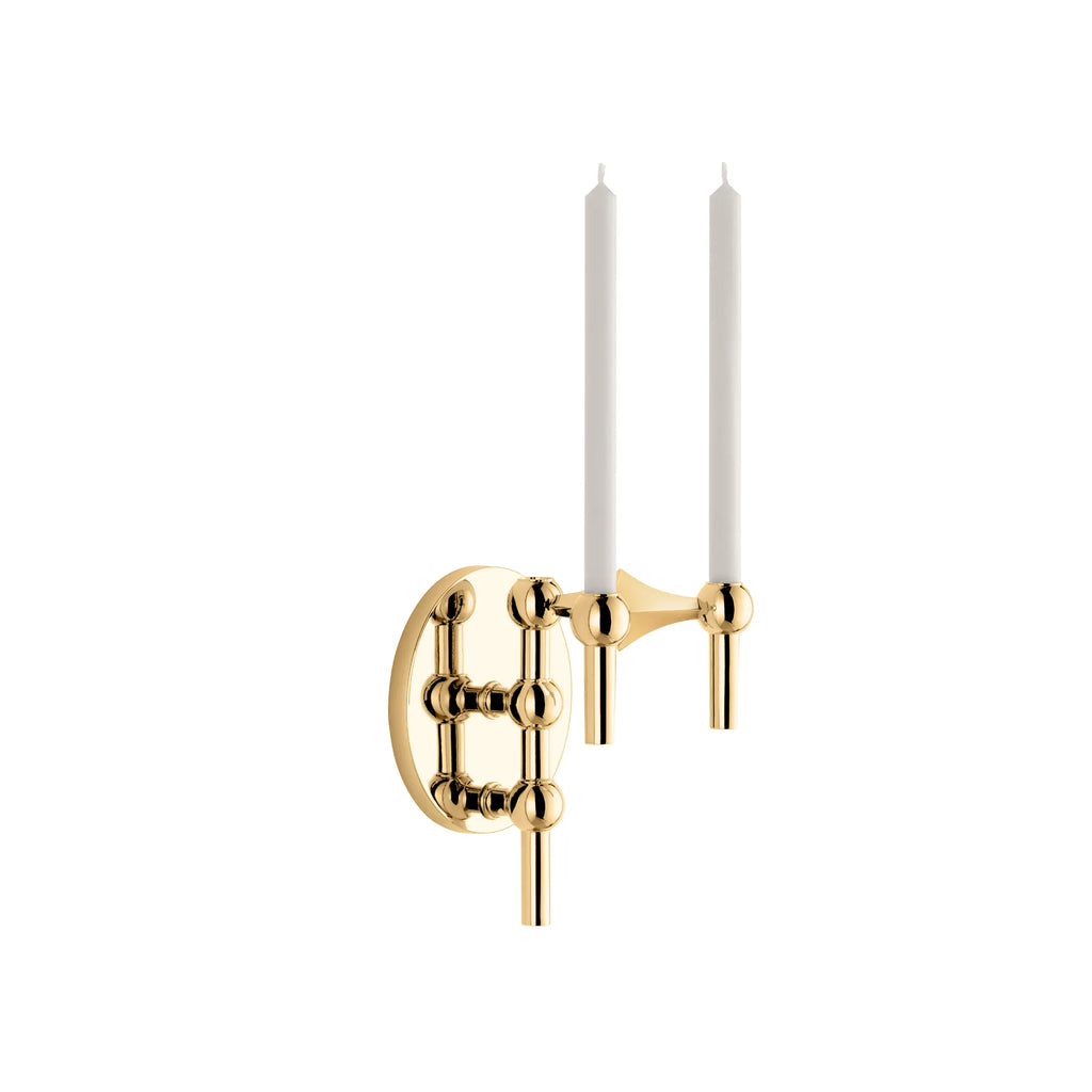 Stoff Nagel Wall Hanger Candle Holder - Solid Brass - Configuration 1, a luxurious polished solid brass wall-mounted candle holder featuring a modular design with spherical joints and cylindrical arms to elegantly display two taper candles.