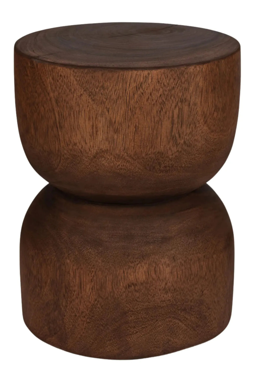 Detjer Stool S.A.S. 004, a dark brown solid wood stool with a distinctive hourglass shape, featuring two rounded, sculptural forms and a rich, warm wood tone with visible natural grain. This versatile piece serves as a minimalist wood side table or organic modern accent stool, perfect for contemporary living rooms or Japandi bedrooms.