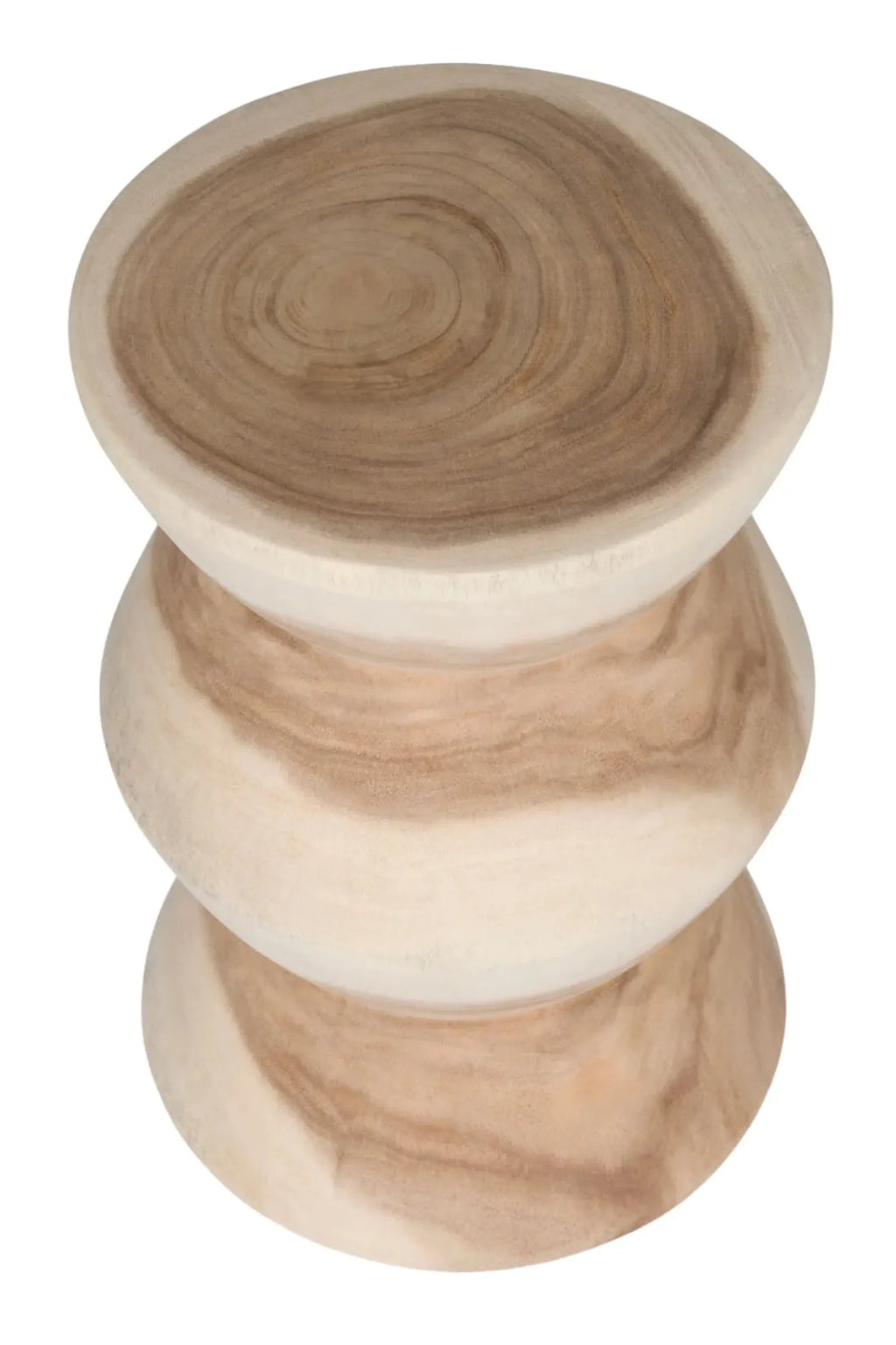 Detjer Stool S.A.S. 003, a sculptural solid wood stool crafted from light natural wood with rich, organic grain patterns and a smooth, polished finish. Its unique hourglass shape features three elegantly carved, rounded sections, creating a contemporary and minimalist aesthetic. Perfect as an accent stool, versatile side table, or stylish plant stand for organic modern and Scandinavian-inspired living rooms or bedrooms.