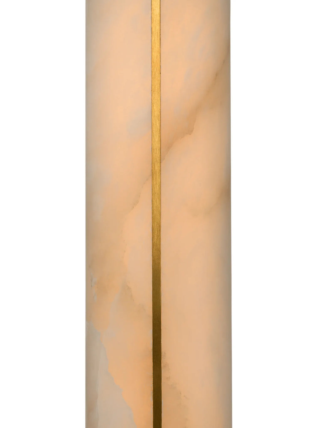 CTO Lighting Hepworth Wall Light, a luxurious modern wall light featuring a translucent cream alabaster cylinder with elegant natural veining, offering a soft ambient glow. It is accented by a striking vertical brushed brass stripe running down its center. Perfect for creating a sophisticated atmosphere in contemporary living rooms, elegant bedrooms, or refined hallways.