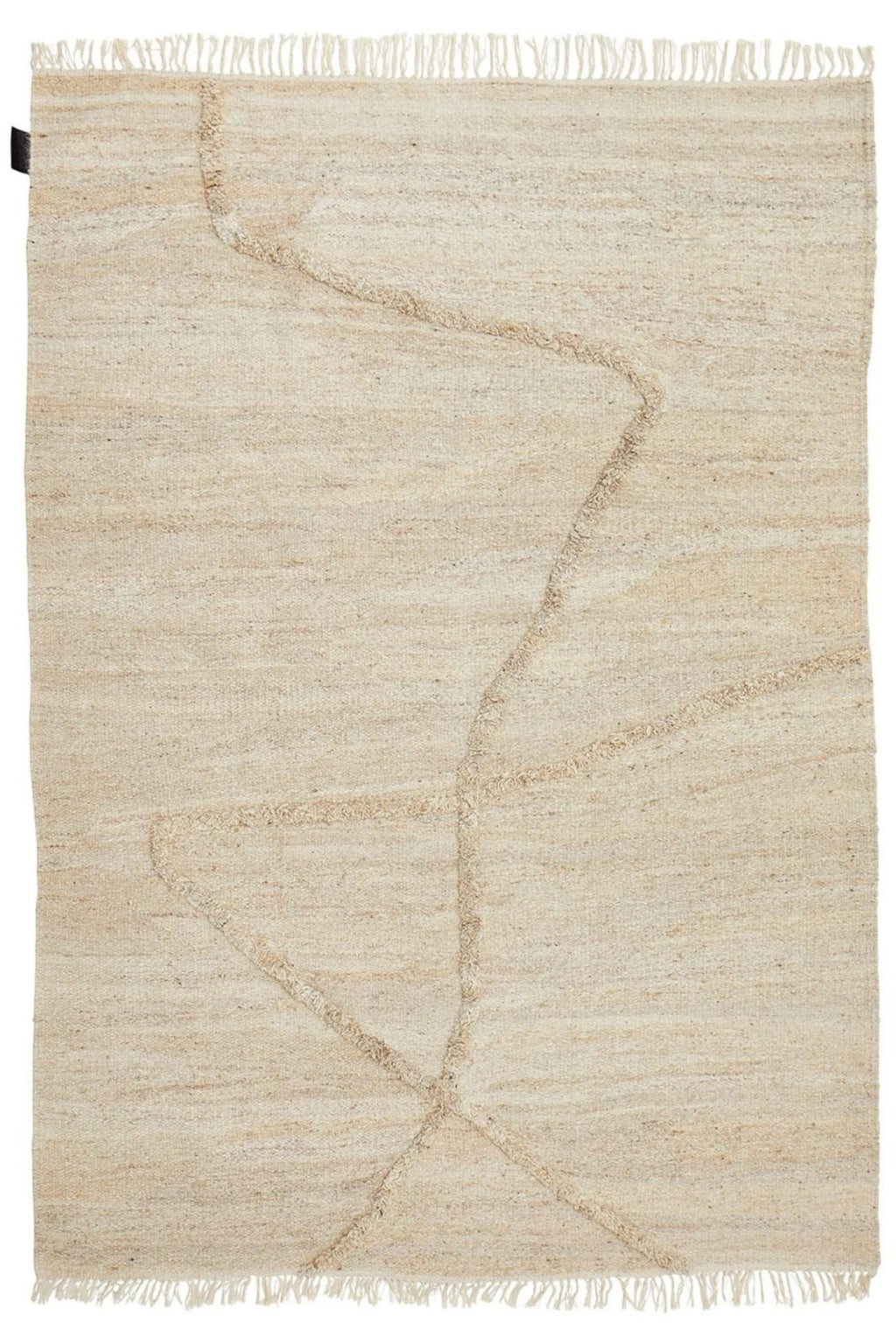 Sera Helsinki Vuoristo Rug, a premium hand-knotted wool area rug in natural undyed cream and beige tones, featuring a subtle geometric pattern created by raised, textured lines and finished with delicate fringe edges. This organic modern rug is perfect for adding warmth to Scandinavian living rooms, minimalist bedrooms, or japandi-inspired spaces.
