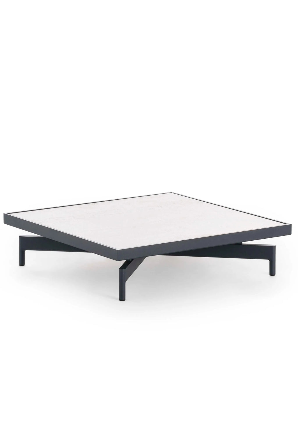 Gandia Blasco Onde Square Coffee Table, a modern minimalist outdoor coffee table featuring a white Dekton tabletop with subtle texture and a low-profile, angular dark grey powder-coated aluminum frame.