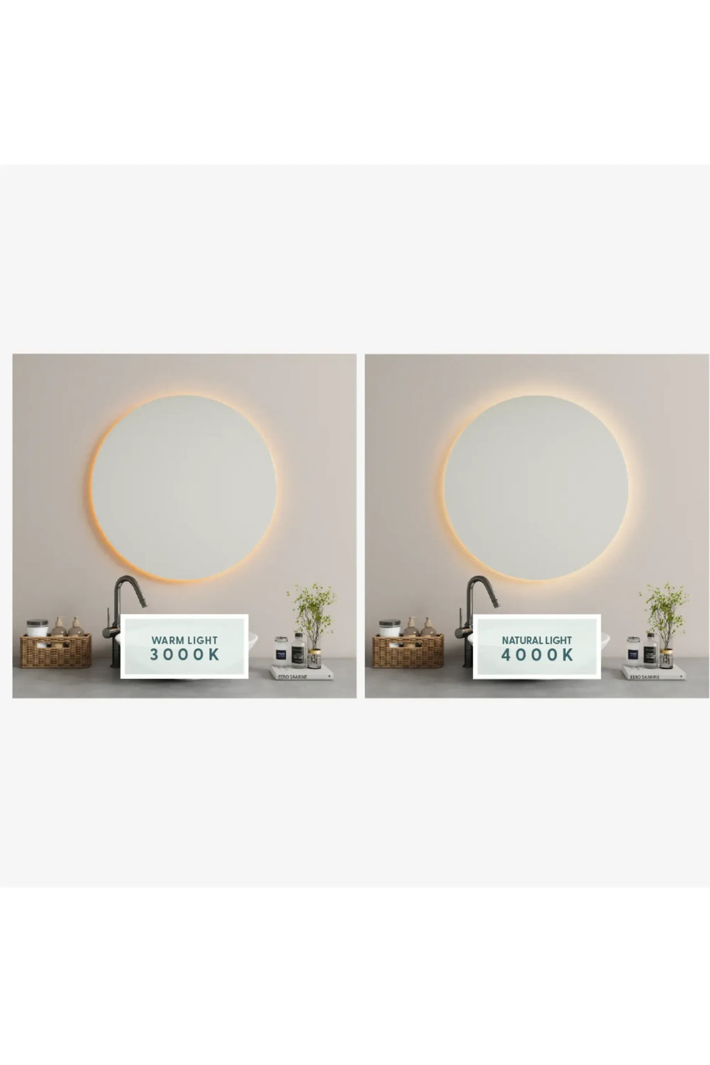 TCL Studios Full Lux Mirror With LED Lights, a modern minimalist round LED mirror showcasing versatile backlighting with options for warm light (3000K) and natural light (4000K) color temperatures. This sleek circular illuminated mirror provides soft, even ambient light, perfect for daily grooming and enhancing bathroom aesthetics. An ideal contemporary vanity mirror or smart LED bathroom mirror for modern home decor.