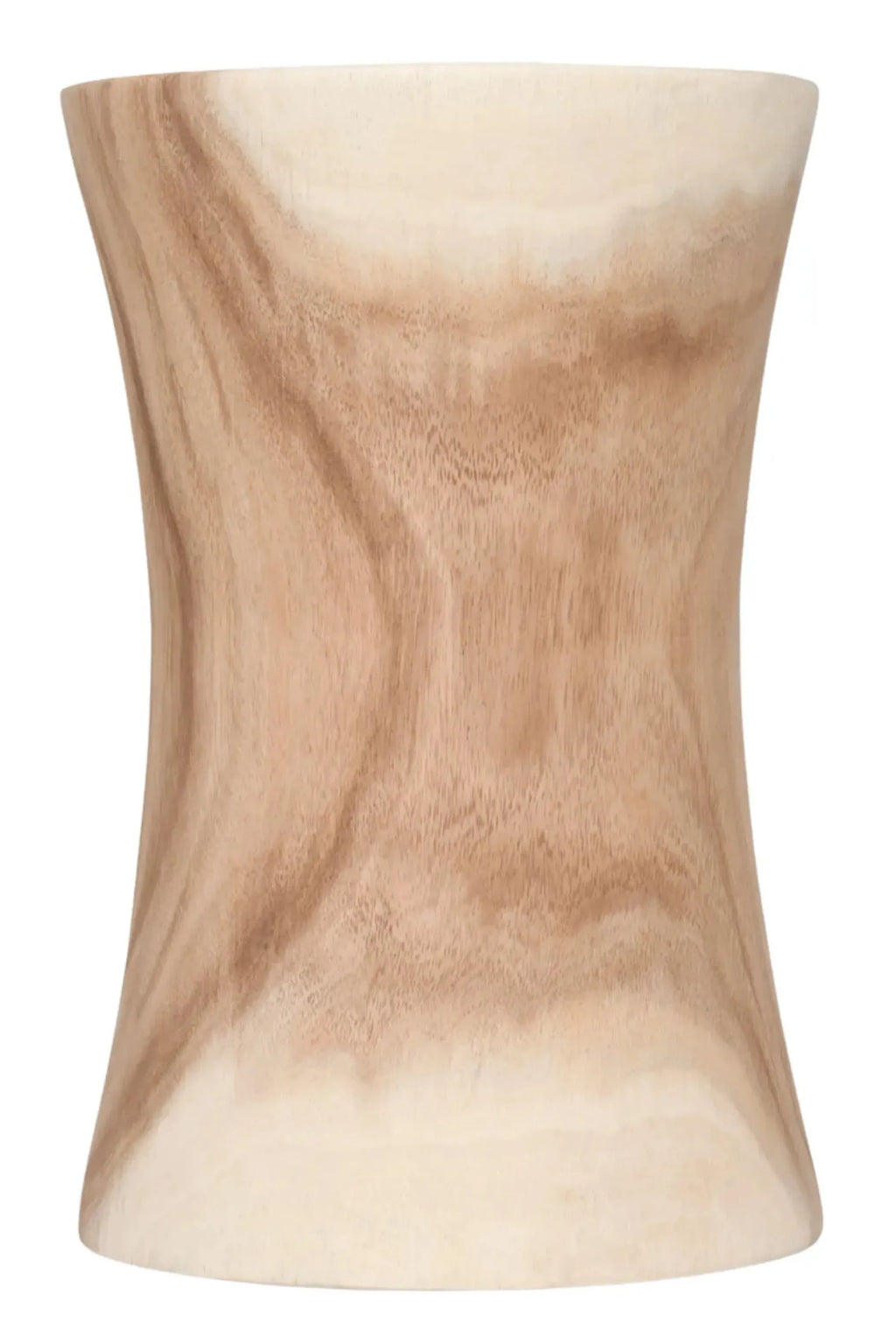 Detjer Stool S.A.S. 002, a solid natural wood accent stool featuring a distinctive hourglass shape and a smooth, light wood finish that highlights its rich organic grain patterns.