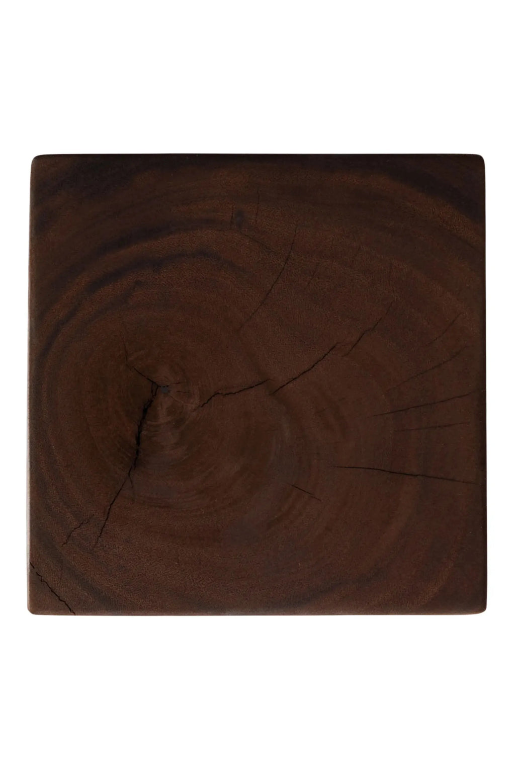 Detjer Stool S.A.S. 005, a solid dark brown wood stool featuring a prominent natural wood grain with concentric rings and organic cracks, showcasing a rustic yet modern minimalist aesthetic. Its chunky square form and deep espresso color make it a versatile accent piece, ideal as an organic modern side table, rustic bedside table, or contemporary plant stand for living rooms and bedrooms.