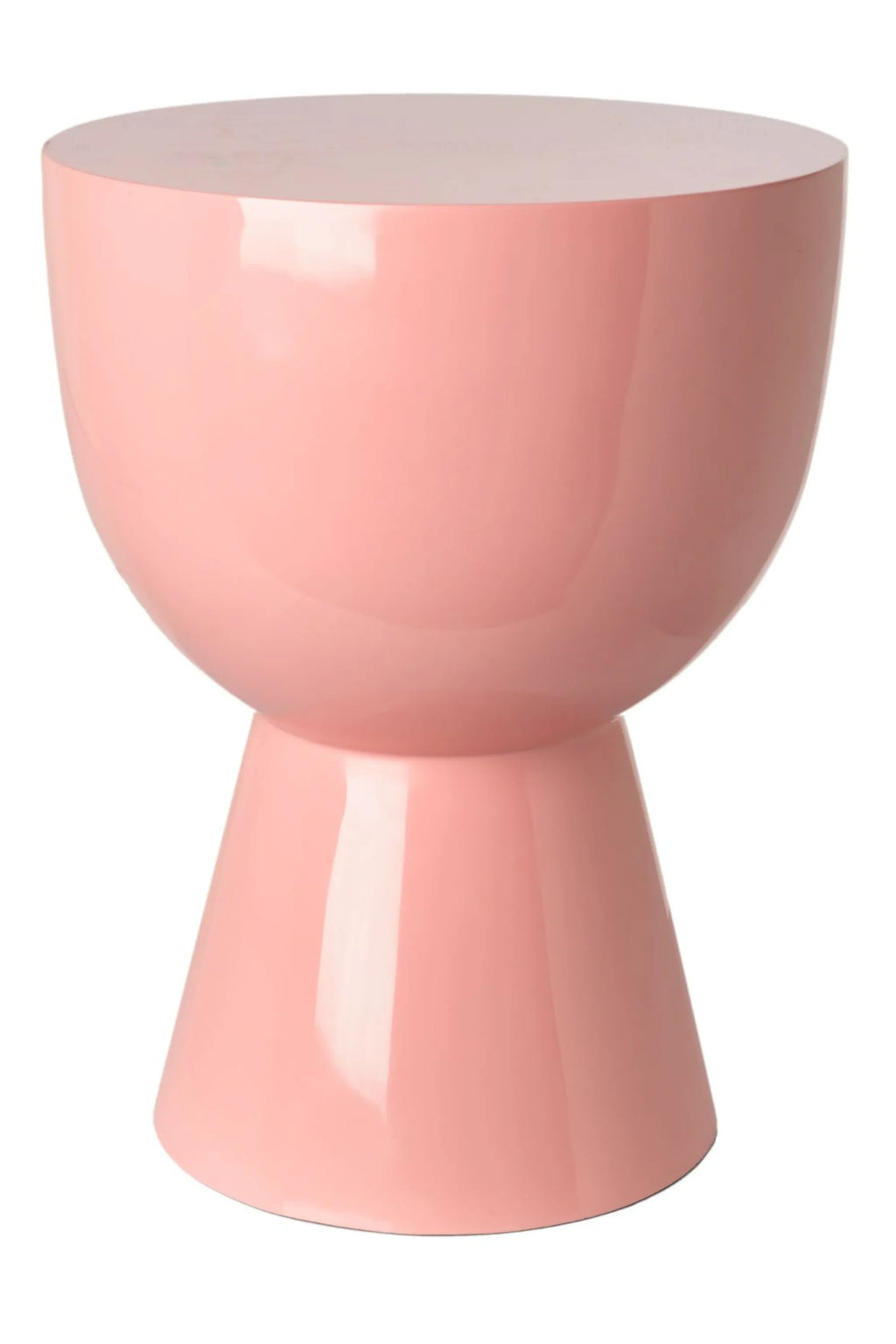 POLSPOTTEN Tip Tap Stool, a glossy blush pink lacquered metal stool featuring a distinctive sculptural hourglass shape and a smooth, reflective finish.
