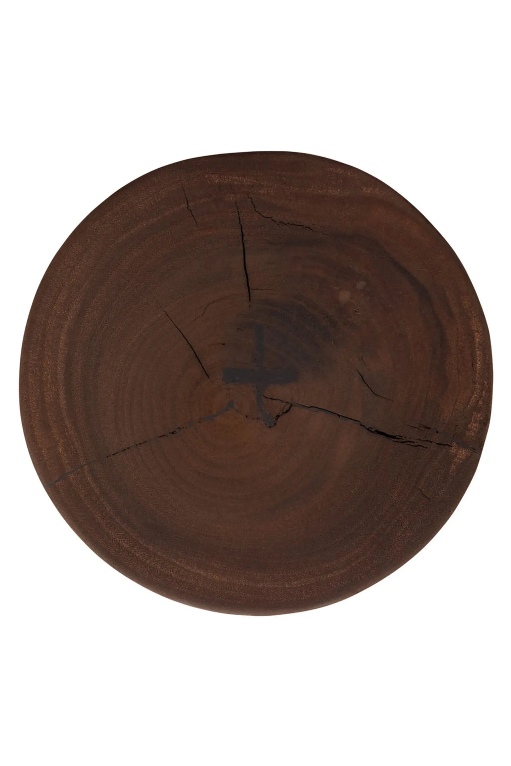 Detjer Stool S.A.S. 004, a dark brown solid wood stool top, showcasing natural wood grain, visible growth rings, and characteristic organic cracks inherent to its live edge wood slab design. This rich, dark wood piece offers a rustic yet minimalist aesthetic, perfect for organic modern interiors. Ideal as an accent stool, bedside table, or unique plant stand in a contemporary living room or bedroom.