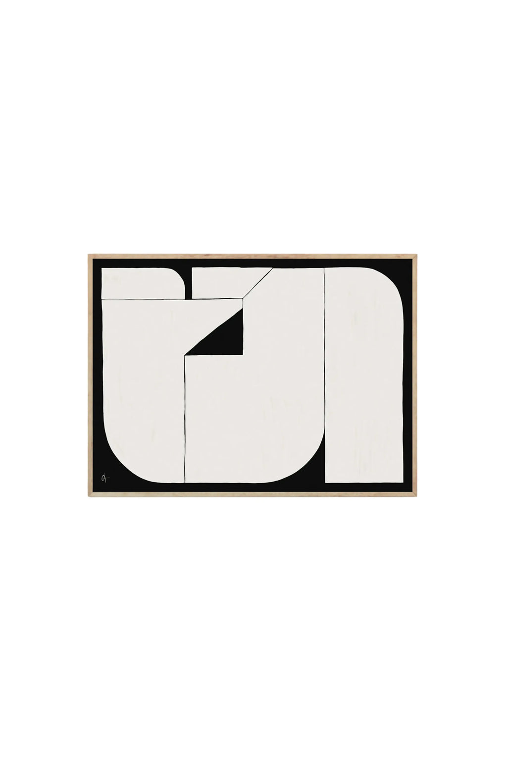 The Poster Club 8am - Art Print, a minimalist abstract poster featuring bold black and white geometric shapes with subtle texture, framed in a light natural wood. This modern wall art is perfect for contemporary home decor enthusiasts and adds a sophisticated touch to any living space.