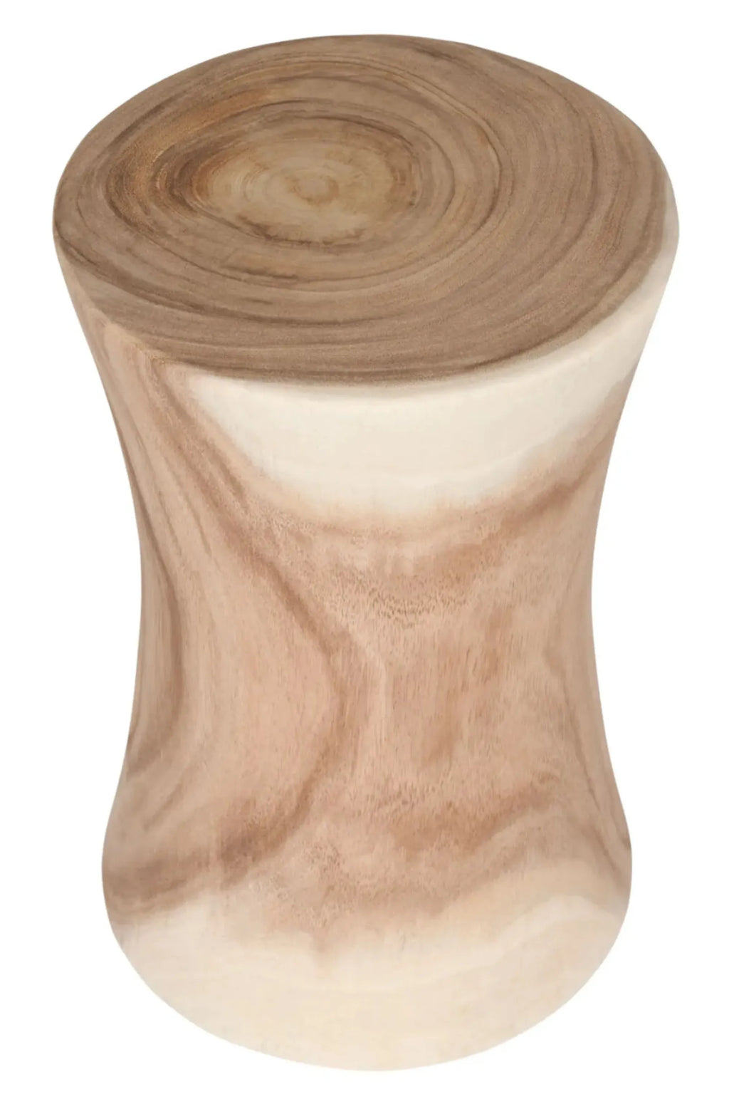 Detjer Stool S.A.S. 002, a solid natural wood stool featuring an organic modern hourglass shape with a smooth, hand-carved finish. This versatile accent piece showcases beautiful light brown and cream wood grain variations and a subtle tapered silhouette. Ideal as a rustic side table, minimalist bedside stool, or contemporary plant stand for living rooms and bedrooms.