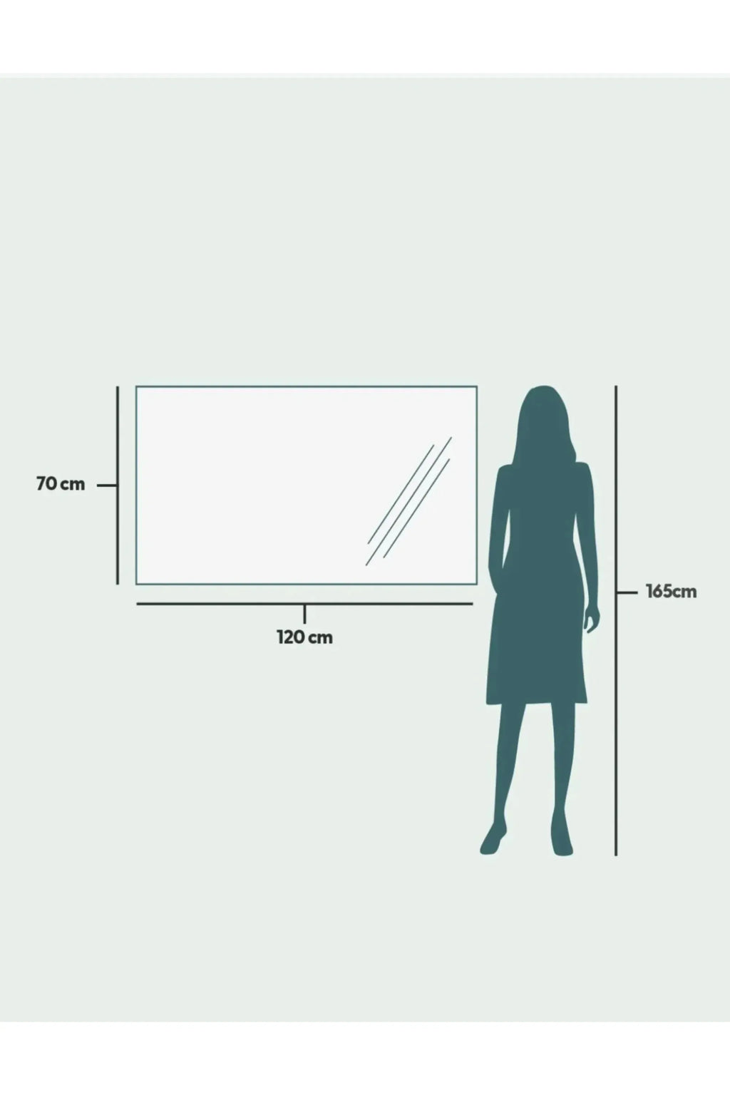 TCL Studios Full Lux Mirror With LED Lights, a sleek modern rectangular mirror featuring bright integrated LED illumination and precise dimensions of 120 cm wide by 70 cm high.