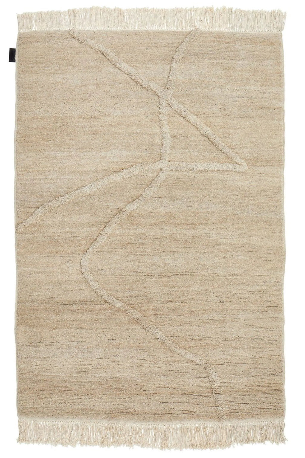 Sera Helsinki Vuoristo Rug, a hand-knotted wool area rug featuring a natural undyed beige and cream color palette with a unique raised abstract geometric pattern.