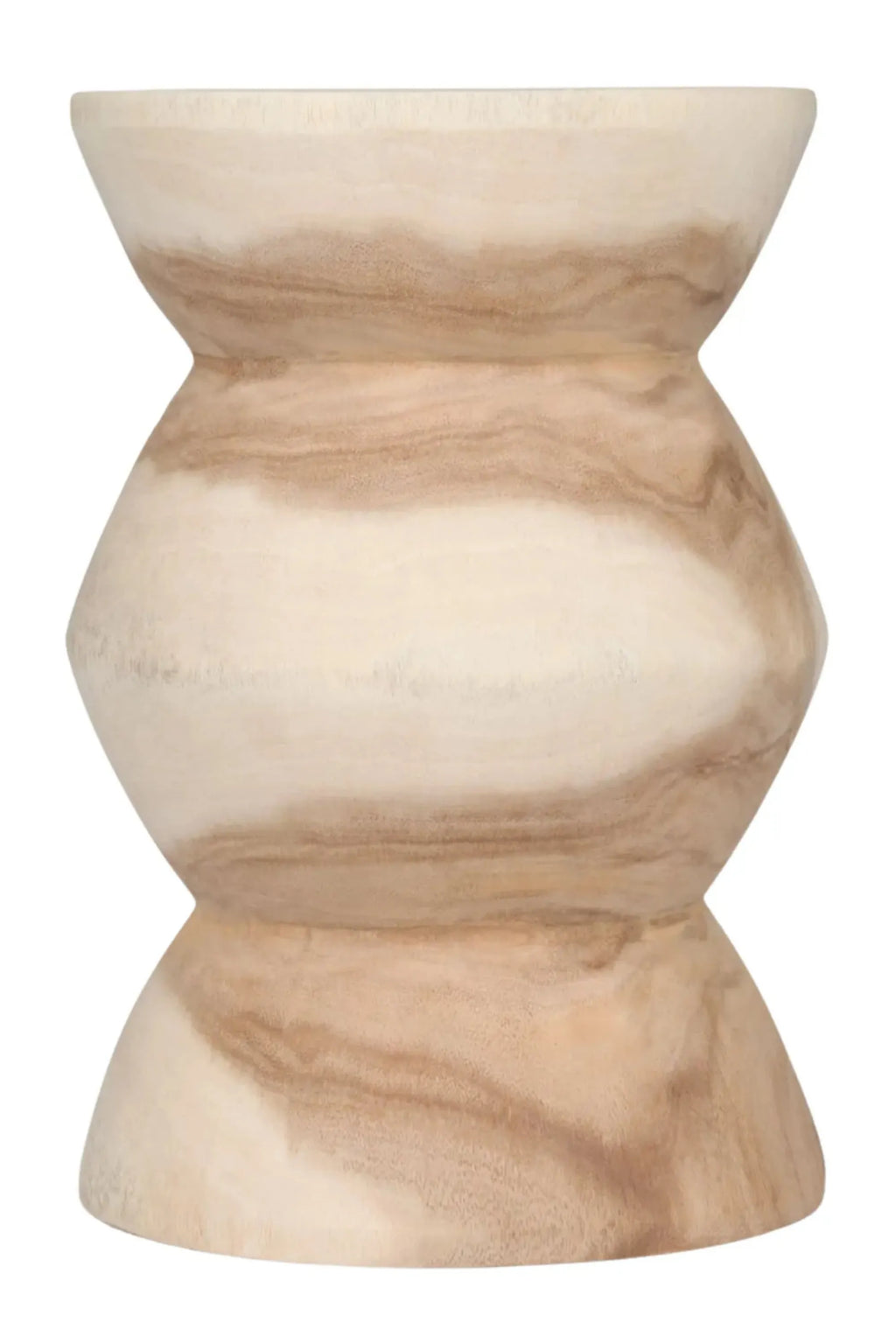 Detjer Stool S.A.S. 003, a solid natural wood accent stool with a distinctive hourglass or geometric silhouette, featuring warm light wood tones and visible organic wood grain patterns.
