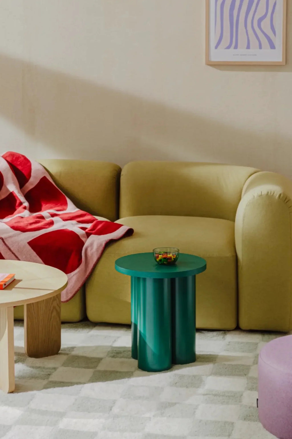 noo.ma Flom 2-Seater Sofa, a contemporary modular sofa upholstered in a vibrant chartreuse green fabric, featuring a playful, low-profile design with rounded, organic shapes and plush, inviting cushions. This modern minimalist 2-seater sofa is perfect for adding a pop of color to a stylish living room or cozy apartment space.