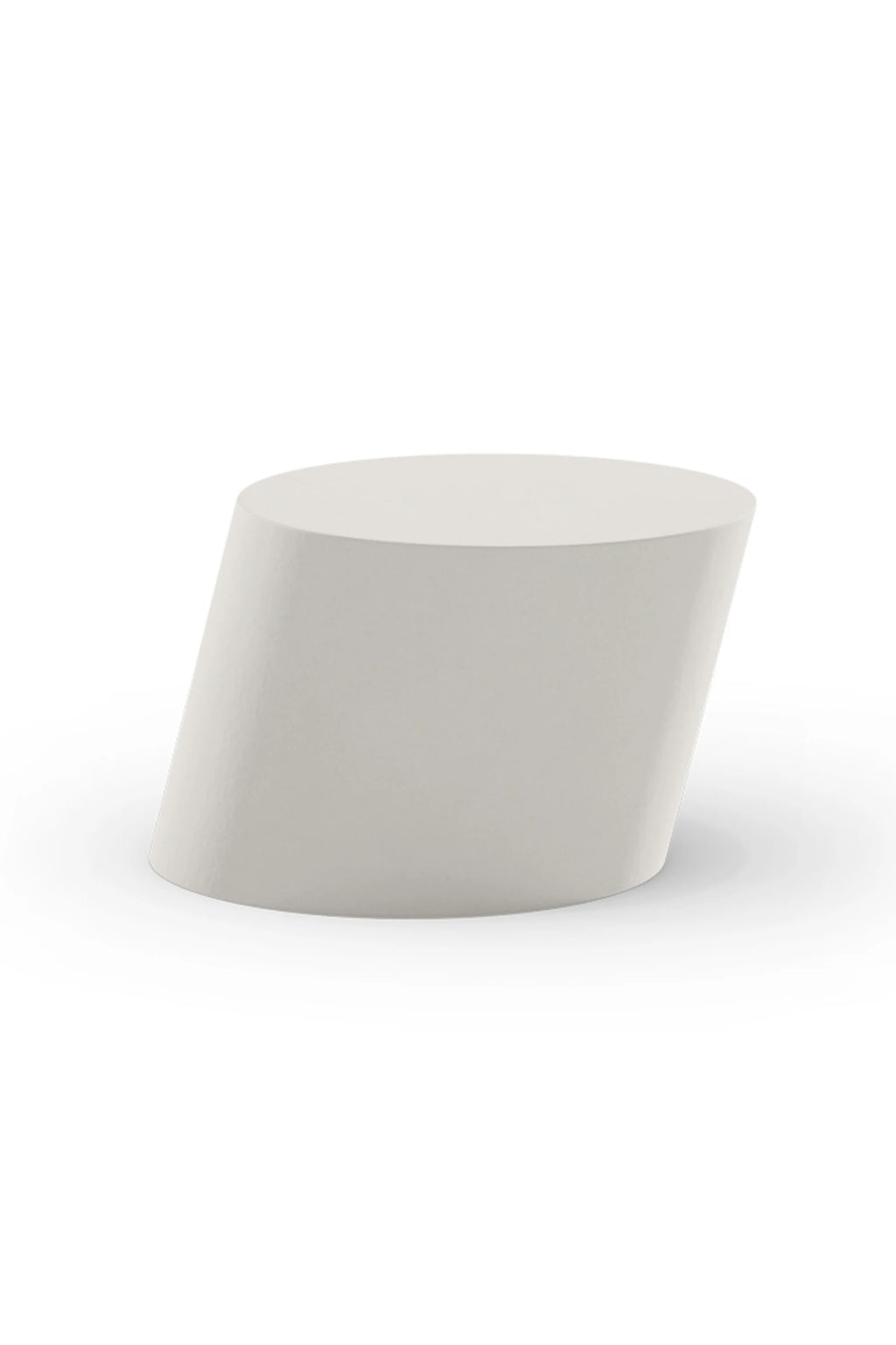 NORR11 Tilt Coffee Table, a distinctive modern minimalist coffee table featuring a sculptural, tilted cylindrical base and a flat round top. Crafted from durable light grey fiber cement, it boasts a matte, slightly textured finish that evokes a contemporary concrete aesthetic. This brutalist-inspired design makes a striking statement piece, ideal for living room lounge areas or as a unique accent table.