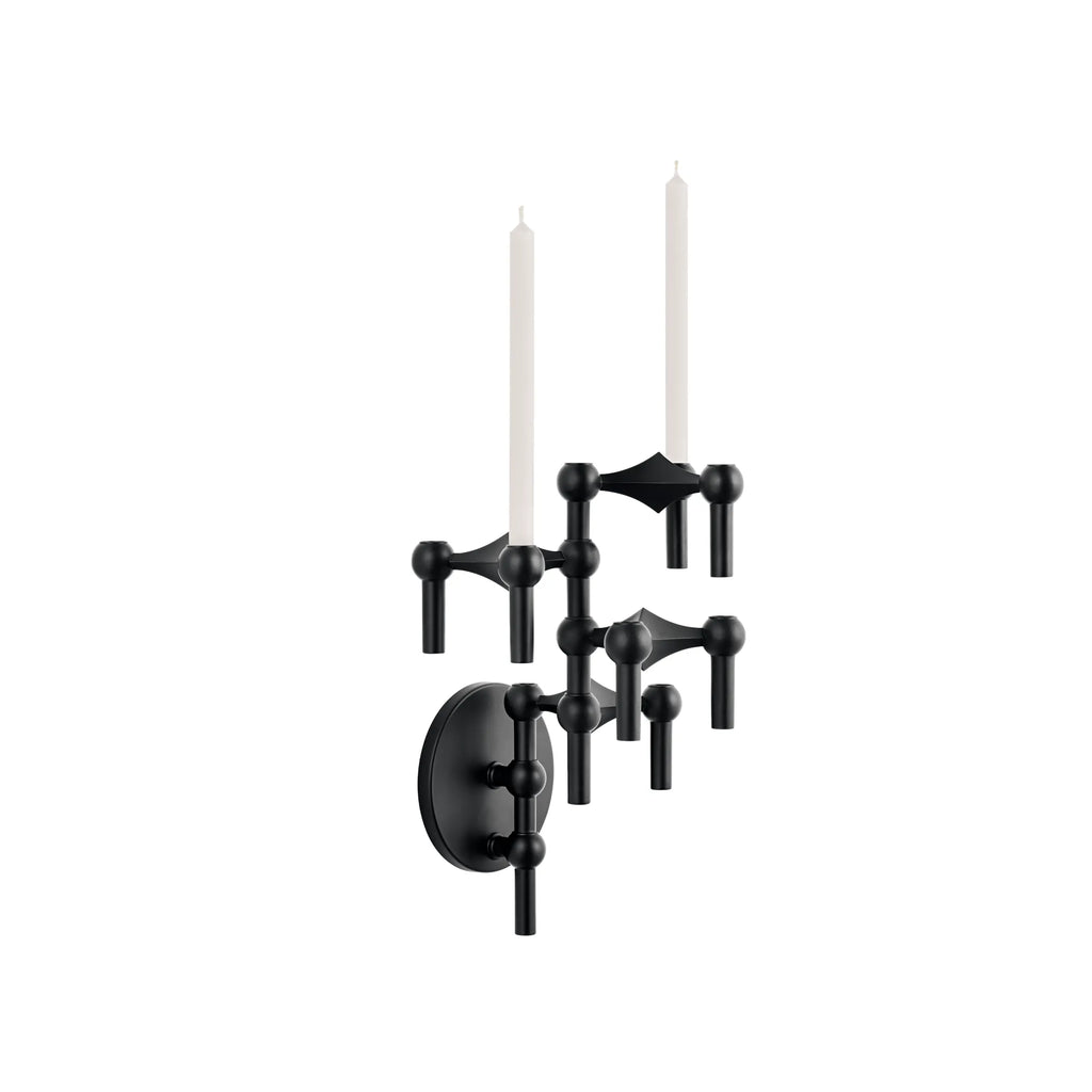 Stoff Nagel Wall Hanger Candle Holder - Black - Configuration 2, a striking mid-century modern wall-mounted candle holder crafted from matte black metal with a modular, sculptural design featuring interlocking spheres and.