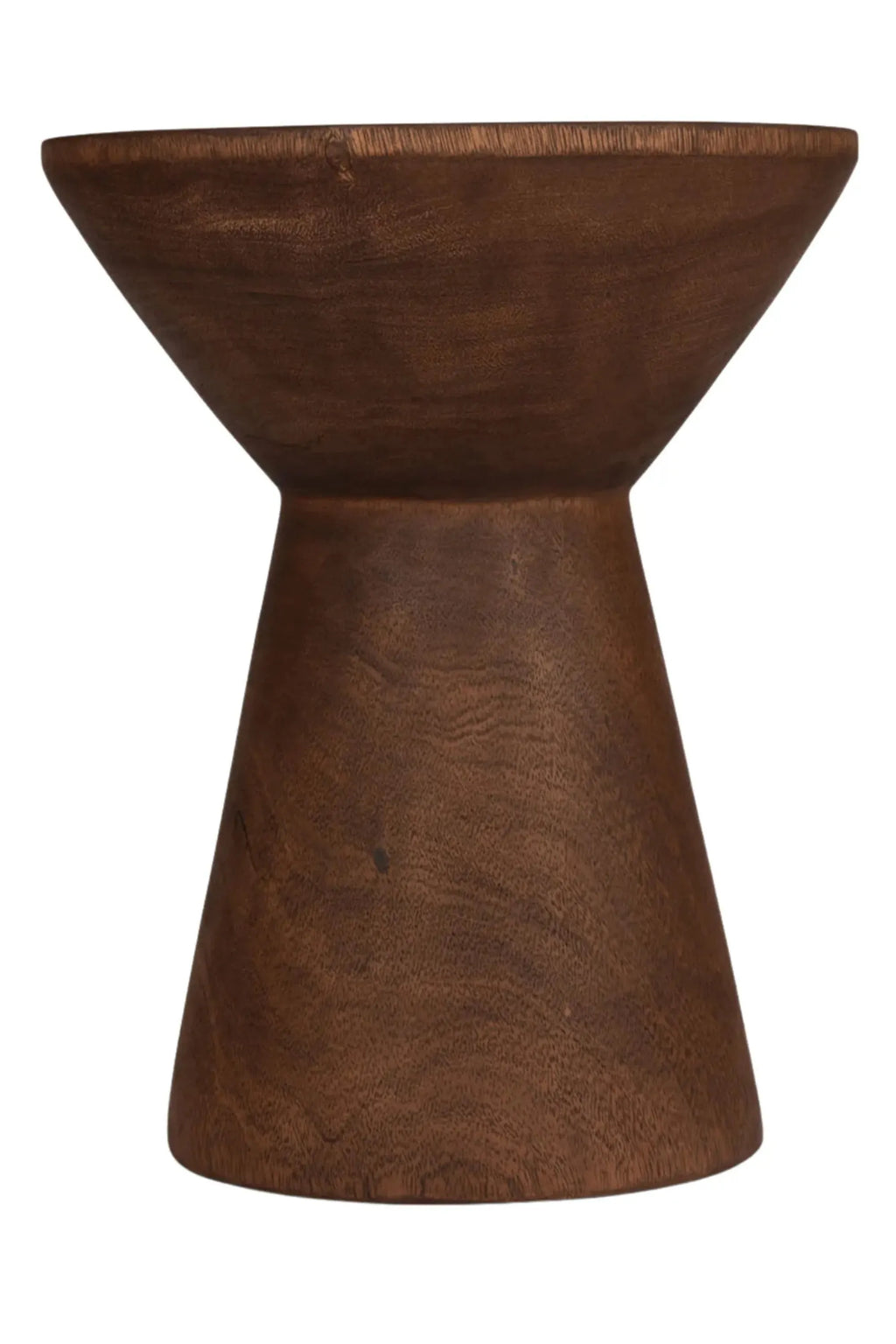 Detjer Stool S.A.S. 006, a dark brown solid wood stool with an organic modern hourglass silhouette and rich, visible wood grain. This handcrafted wooden accent piece features a smooth, deep reddish-brown finish that highlights its natural texture. Ideal as a minimalist side table for a living room, a unique bedside stool, or a rustic plant stand for contemporary interiors.