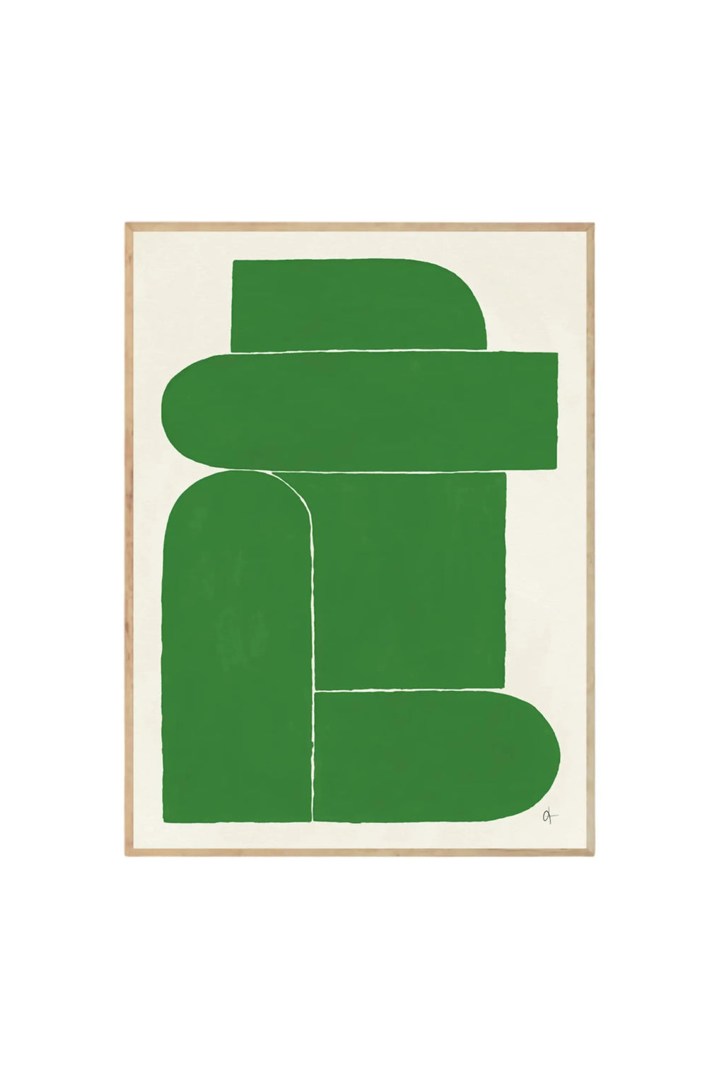 The Poster Club 9 pm - Art Print, featuring a modern abstract geometric design with bold green shapes against a creamy off-white background, framed in light natural wood. This stylish poster is perfect for adding a contemporary artistic touch to any living space or office.