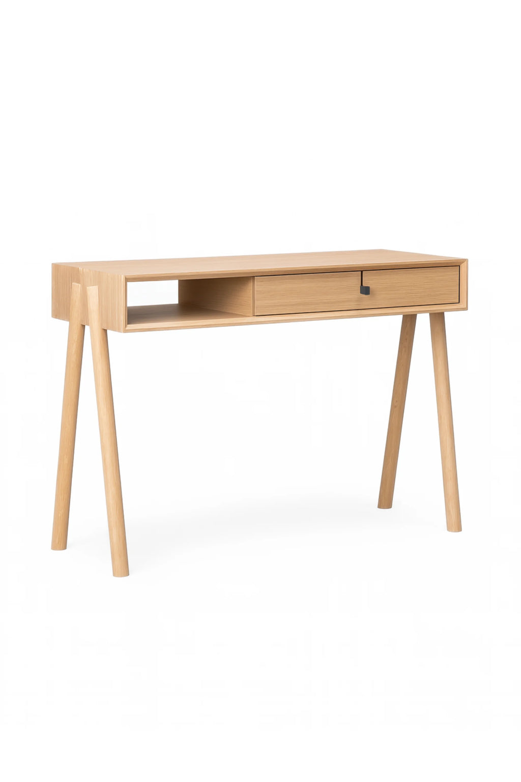 TAMO Amelia Desk in light natural oak wood, featuring a rectangular top with one open cubby and one drawer with a dark pull, on tapered legs. This premium Scandinavian-designed desk is ideal for a modern home office.