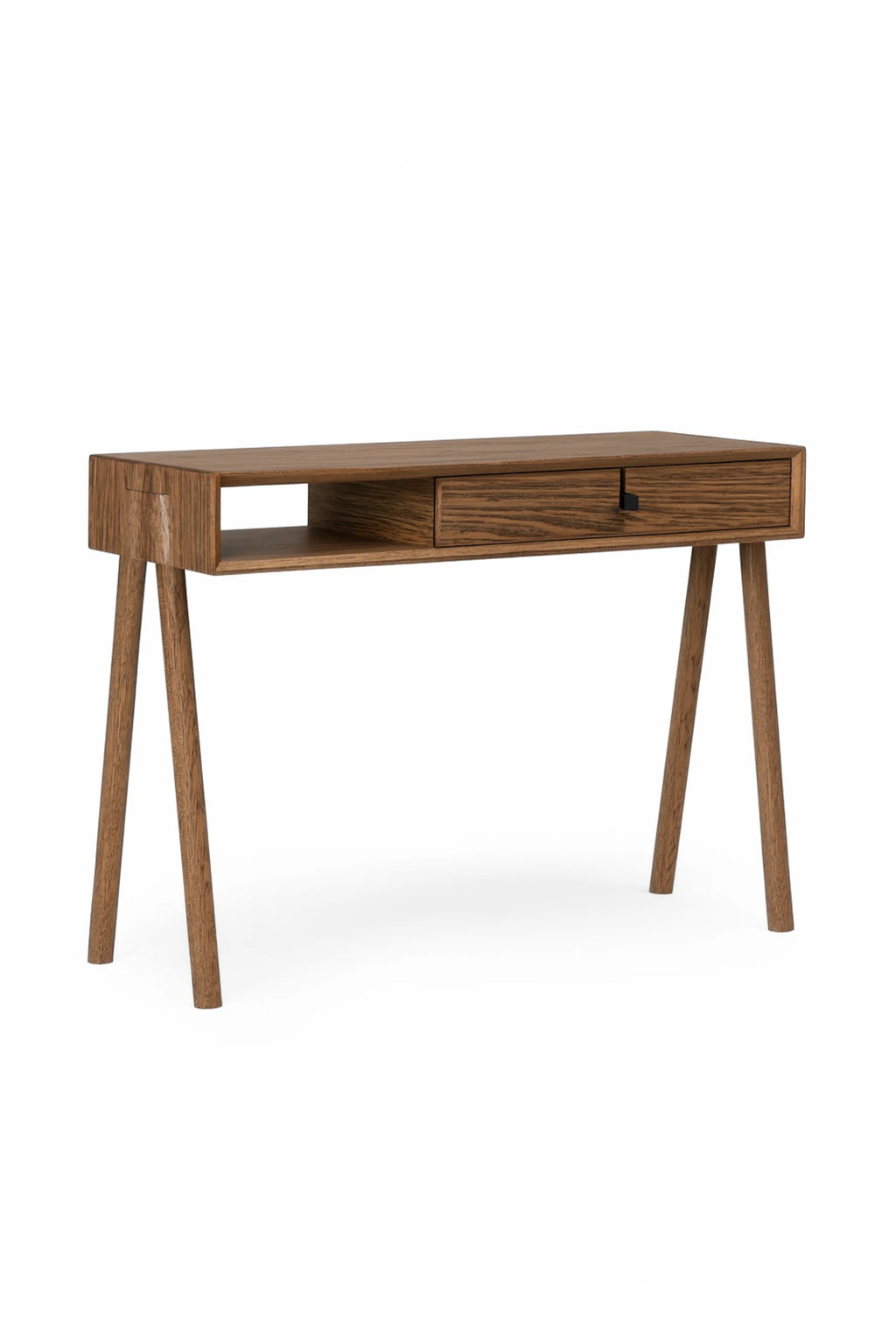 TAMO Amelia Desk, a premium mid-tone brown wood modern writing desk with visible grain, featuring a single drawer with a black pull and an open storage cubby, isolated on white. Ideal for chic home offices.