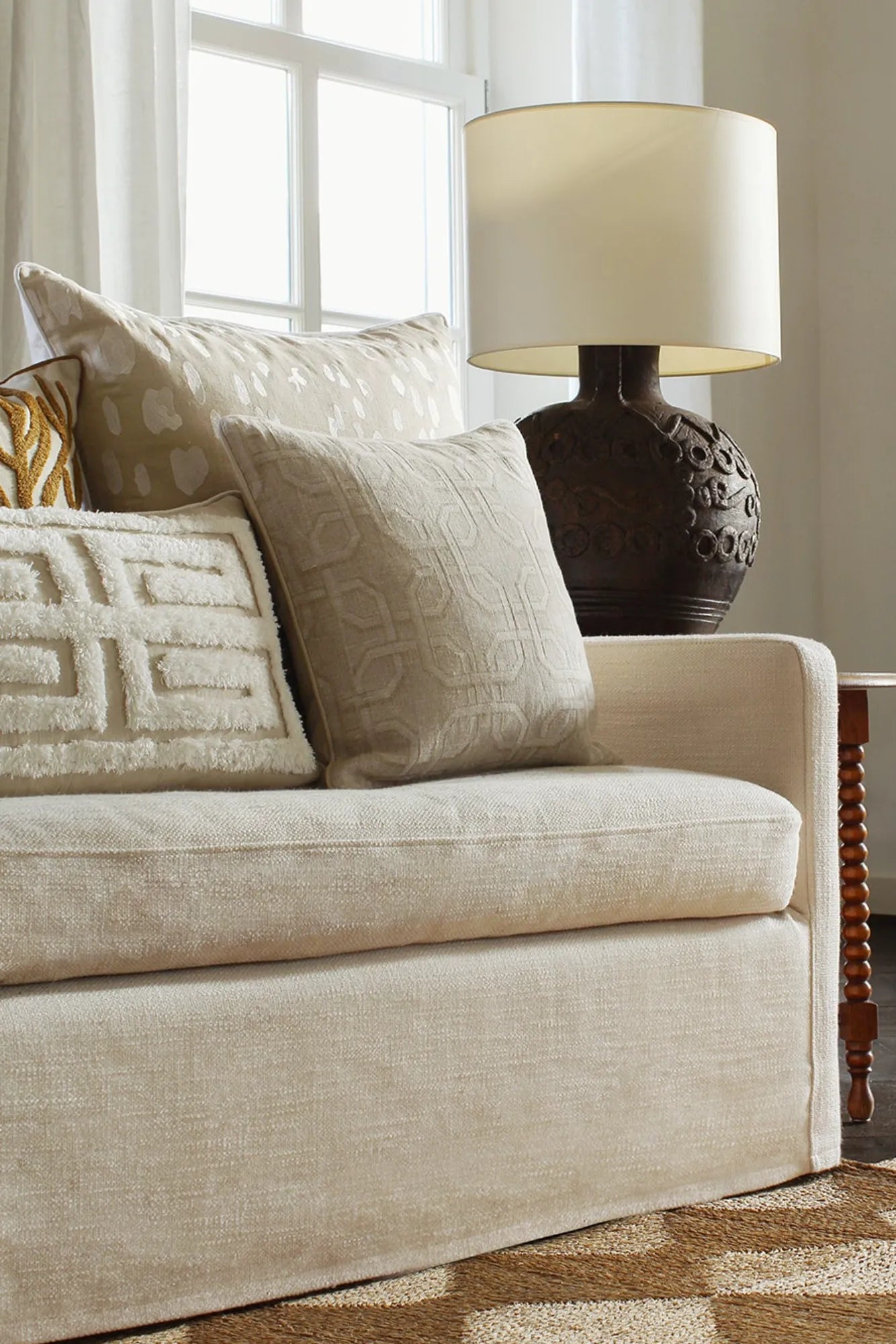 Soft Grey Cleo Cushion Cover with Geometric Embroidery and Tassels for Stylish Home Decor