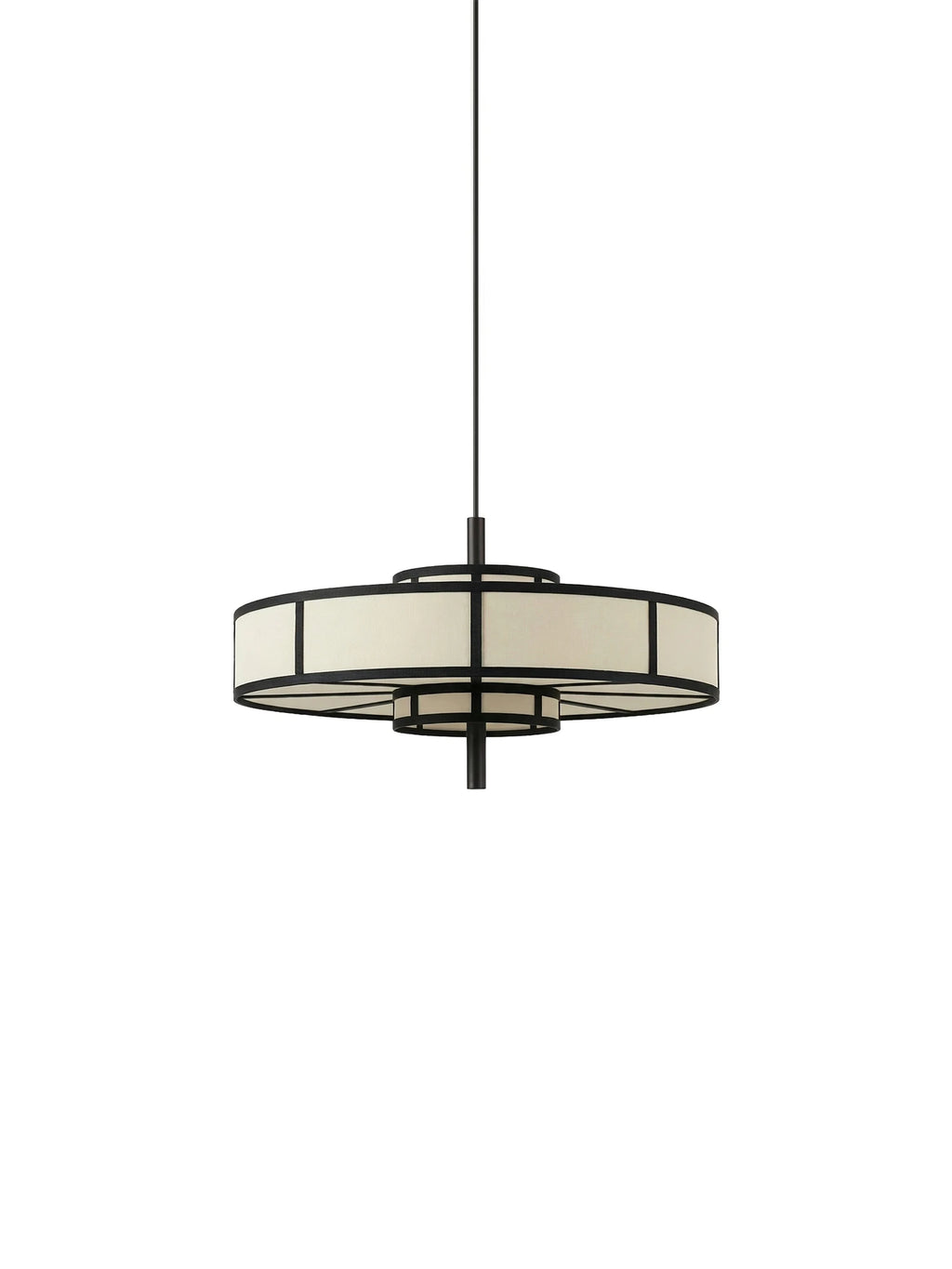 TAMO Aura Pendant Lamp 60, a sophisticated modern tiered pendant lamp featuring a matte black metal frame with clean geometric lines and contrasting cream fabric panels. This contemporary circular ceiling light offers a soft diffused glow with its elegant drum shades, blending minimalist design with a subtle Art Deco or Japandi aesthetic. Ideal as a statement dining room pendant, living room lighting, or for a stylish entryway.