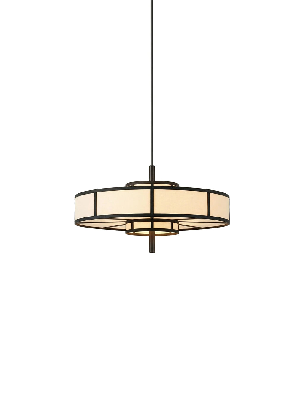 TAMO Aura Pendant Lamp 60, a sophisticated Art Deco-inspired tiered pendant light featuring a dark matte black metal frame with a distinctive geometric grid pattern and elegant cream fabric drum shades. This contemporary ceiling light offers soft, diffused illumination from its concentric circular design. Perfect as a statement dining room chandelier or a striking living room accent in modern interiors.