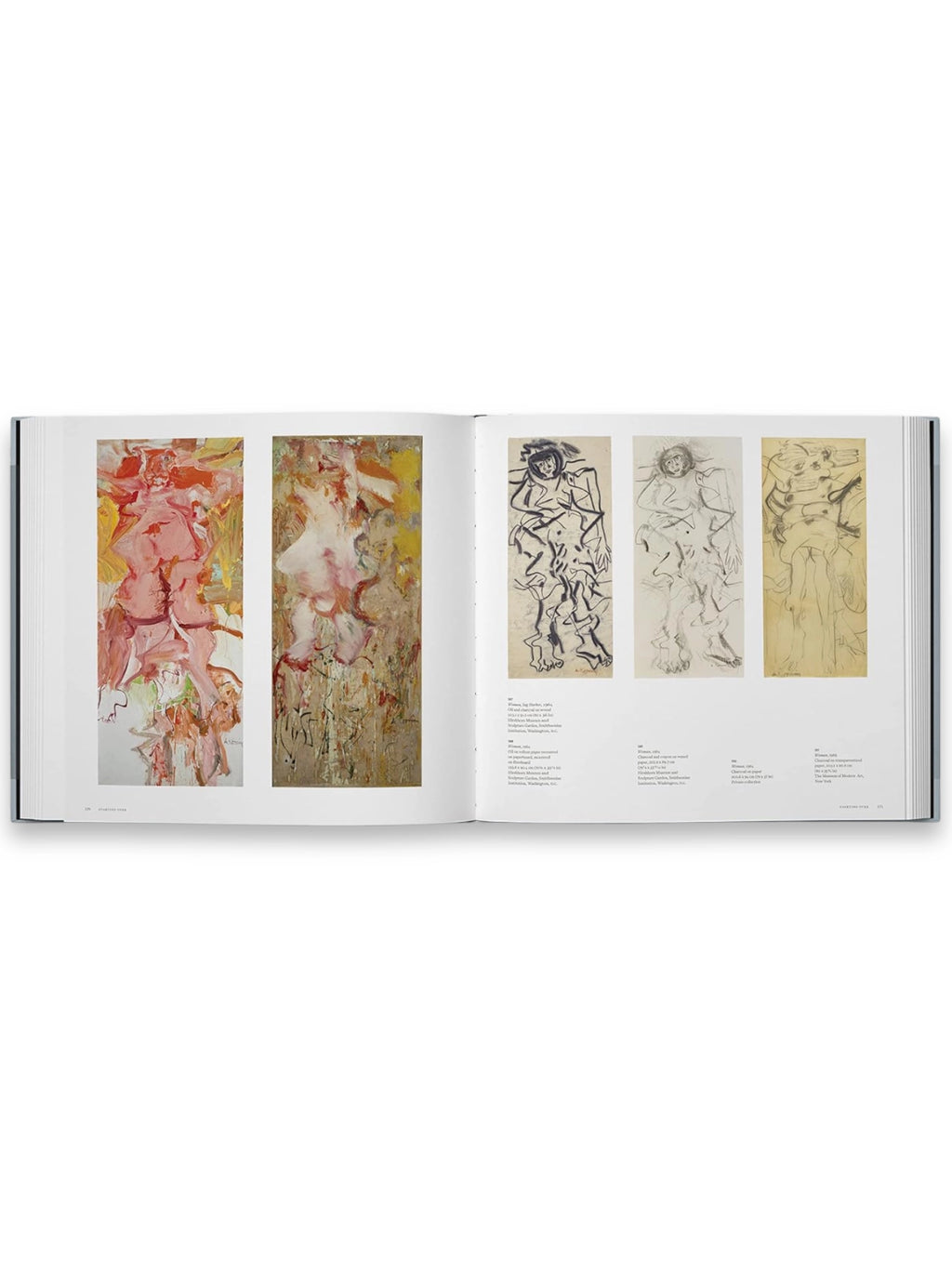 Book A Way of Living, an open art book showcasing vibrant abstract paintings with thick impasto textures in pink and yellow hues on the left page, and detailed charcoal and ink figurative sketches on the right page. This premium art history book is perfect for art enthusiasts, students, and collectors interested in modern art and artistic processes.