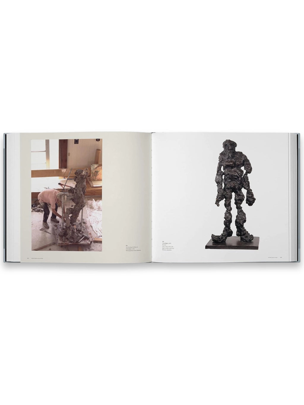 Book A Way of Living, an open art book displaying two pages. The left page features a photograph of an artist sculpting a clay figure, while the right page showcases a dark, textured, abstract human sculpture on a brown base. This premium art book is perfect for art enthusiasts, students, and collectors interested in contemporary sculpture and artistic processes.