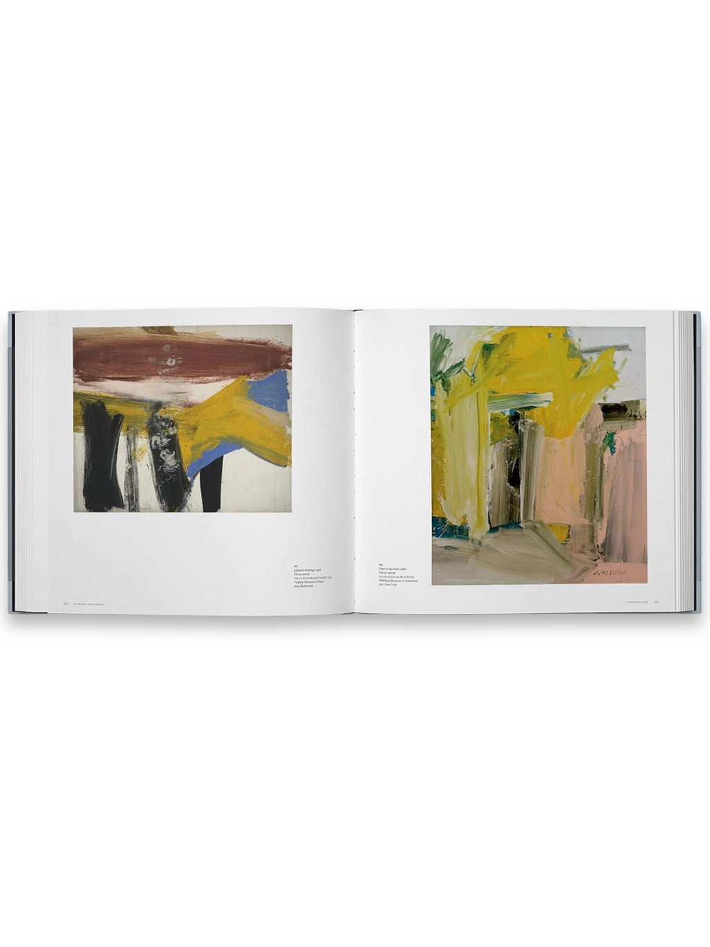 Book A Way of Living, an open art book displaying vibrant, abstract paintings with bold brushstrokes in yellow, brown, black, and blue hues on glossy white pages. This high-quality art catalog is perfect for art enthusiasts and collectors seeking inspiration and knowledge.
