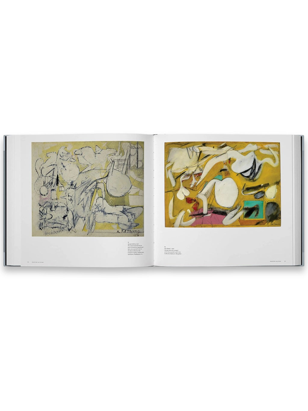 Book A Way of Living, an open art book displaying two vibrant abstract paintings on glossy pages, with rich yellow and white tones. This elegant art history book is perfect for art enthusiasts and collectors seeking insightful modern art publications.