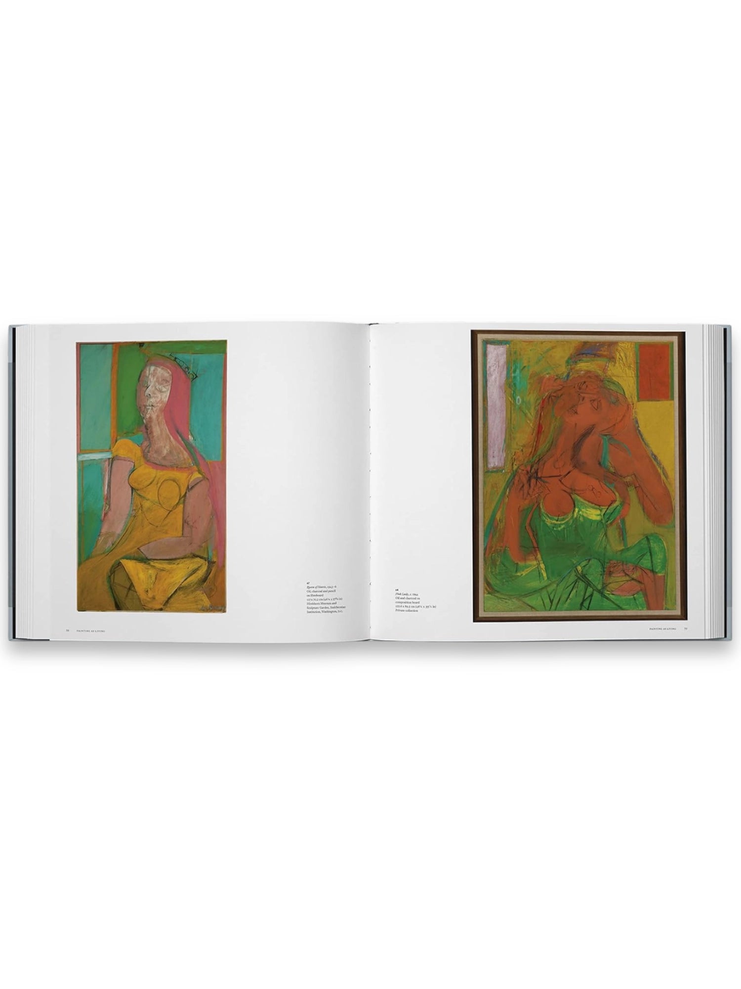 Book A Way of Living, an open art book showcasing two vibrant abstract-expressionist paintings of women on glossy white pages. This collectible art book is perfect for art enthusiasts and collectors seeking insightful art publications.