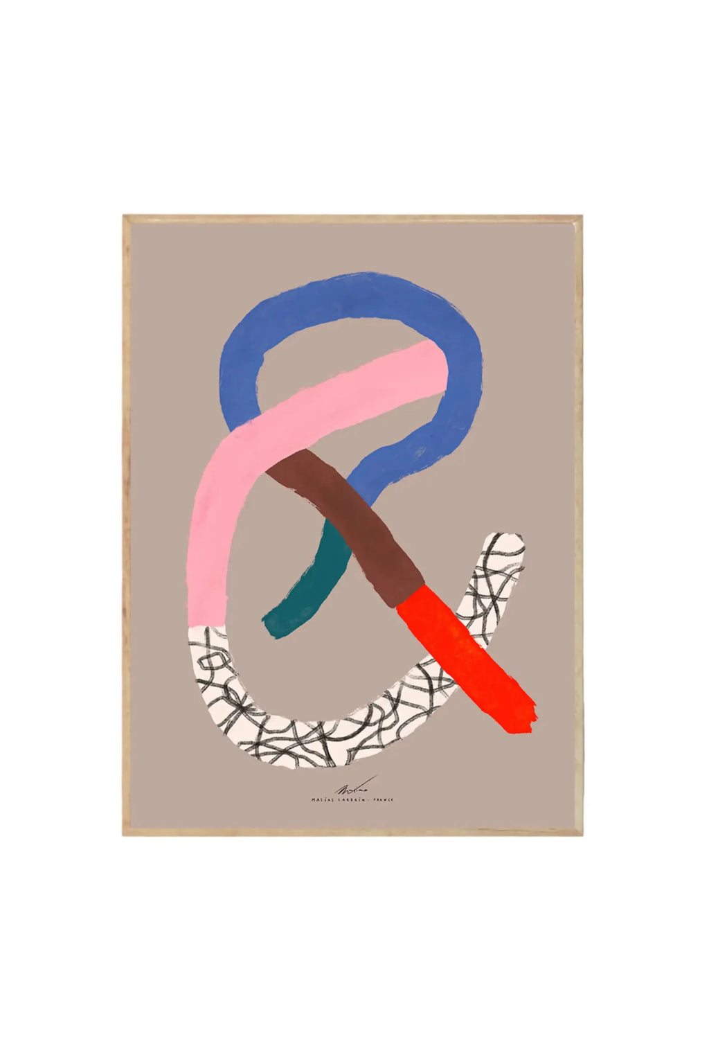 The Poster Club Abstract Typography - Art Print, featuring an abstract ampersand symbol formed by bold, colorful brushstrokes in blue, pink, brown, teal, and red, with a textured white section crisscrossed with black lines, all set against a taupe background within a light wood frame. This stylish wall art poster is ideal for modern interior design enthusiasts seeking unique decorative prints for their home or office.