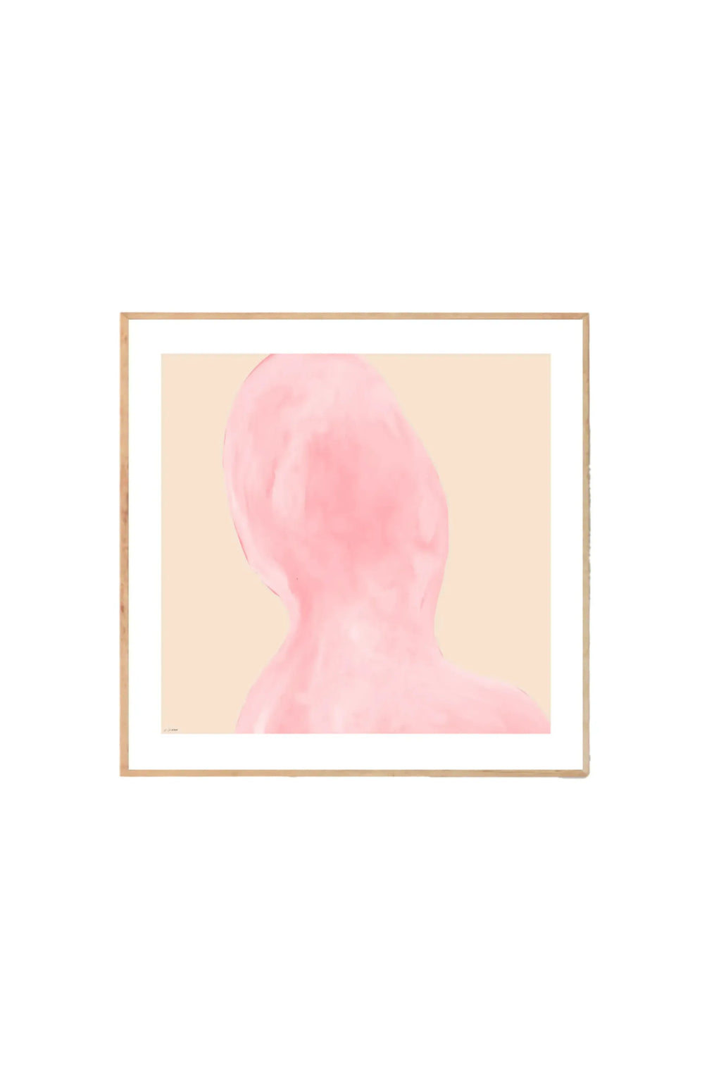 The Poster Club Abstraction - Art Print, featuring a framed abstract artwork with a soft pink, watercolor-like human form seen from behind, set against a light beige background. This stylish poster is perfect for enhancing modern living spaces and adding a touch of contemporary art to any home decor.