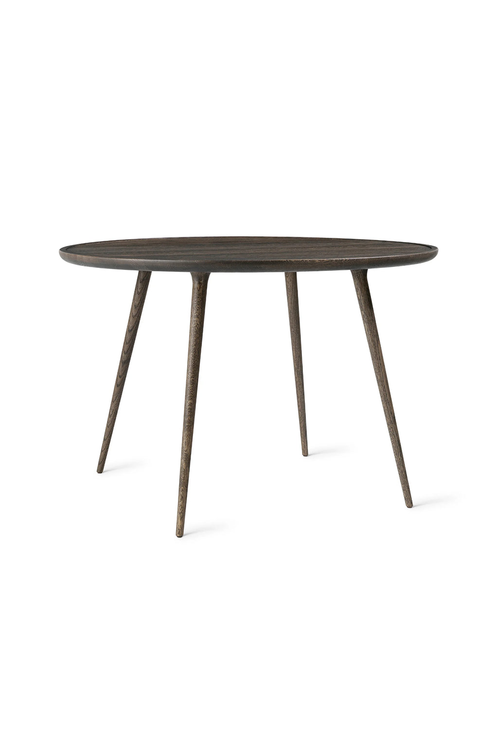 Mater Accent Round Dining Table in a dark, rich stained wood finish, featuring a smooth, circular top and gracefully tapered legs, offering a sophisticated and robust design for contemporary interiors, displayed on white background.