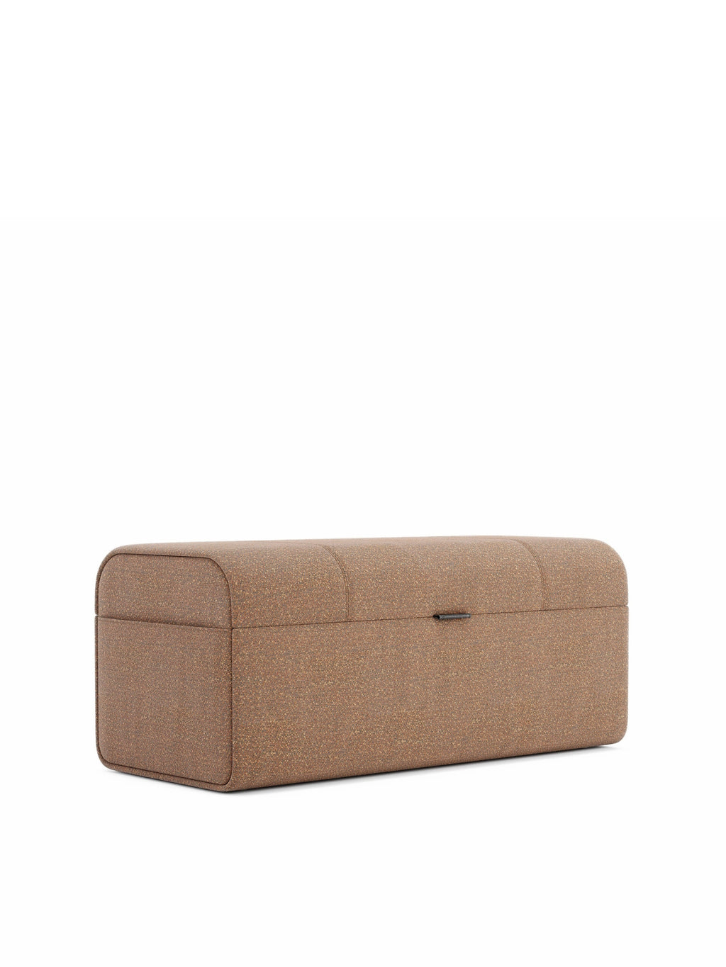 Domkapa Adley Bench, a contemporary storage bench upholstered in a natural speckled brown cork fabric, featuring a soft, rounded rectangular silhouette and subtle stitched detailing on the lift-top lid. This organic modern design offers versatile hidden storage, functioning as both a stylish ottoman and a functional storage solution. Ideal for minimalist living rooms, entryways, or as a chic bedroom accent.