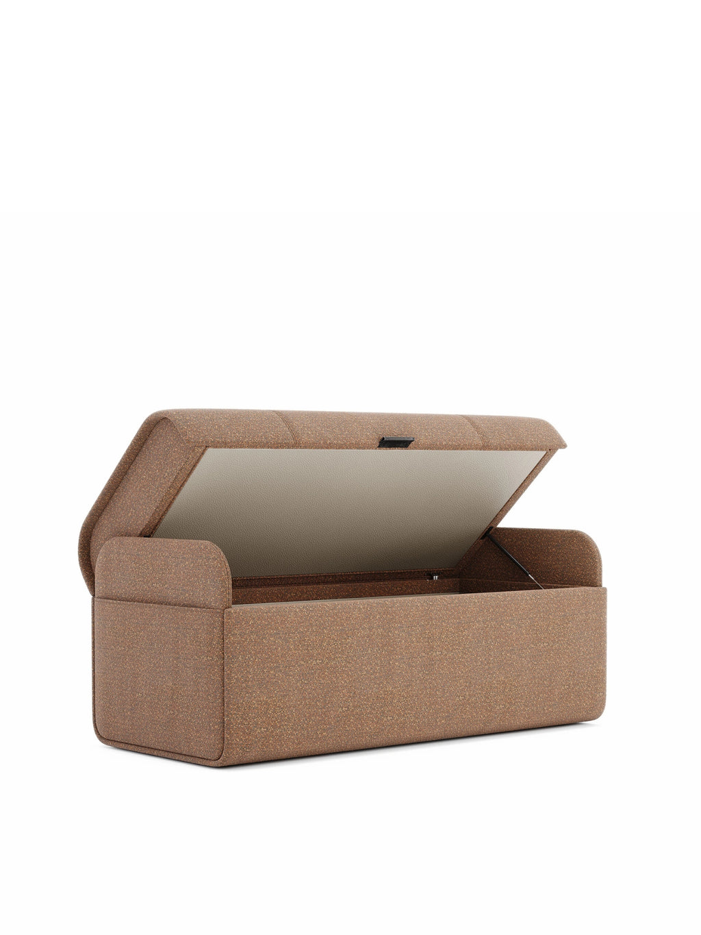 Domkapa Adley Bench, a modern storage bench upholstered in a warm brown, textured cork-like fabric, featuring a gently curved, rounded profile with a hinged lid that opens to reveal a.
