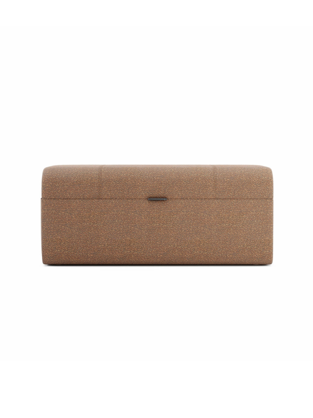 Domkapa Adley Bench, a long, rectangular storage bench upholstered in a warm brown, speckled textured fabric, featuring softly rounded corners and a clean, contemporary design. A subtle seam defines the top panel, and a small dark pull handle on the front indicates its functional storage. Ideal as an organic modern entryway bench, bedroom seating, or minimalist living room ottoman.
